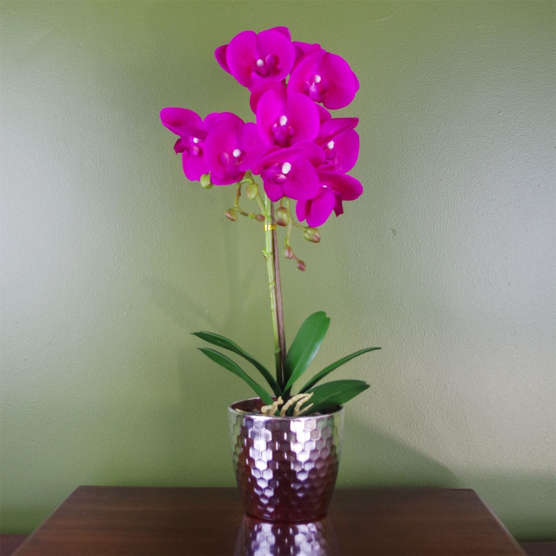 50cm Artificial Phalaenopsis Orchid, Dark Pink, with Real Touch Leaves, 9 Flowers, Silver Honeycomb Pot