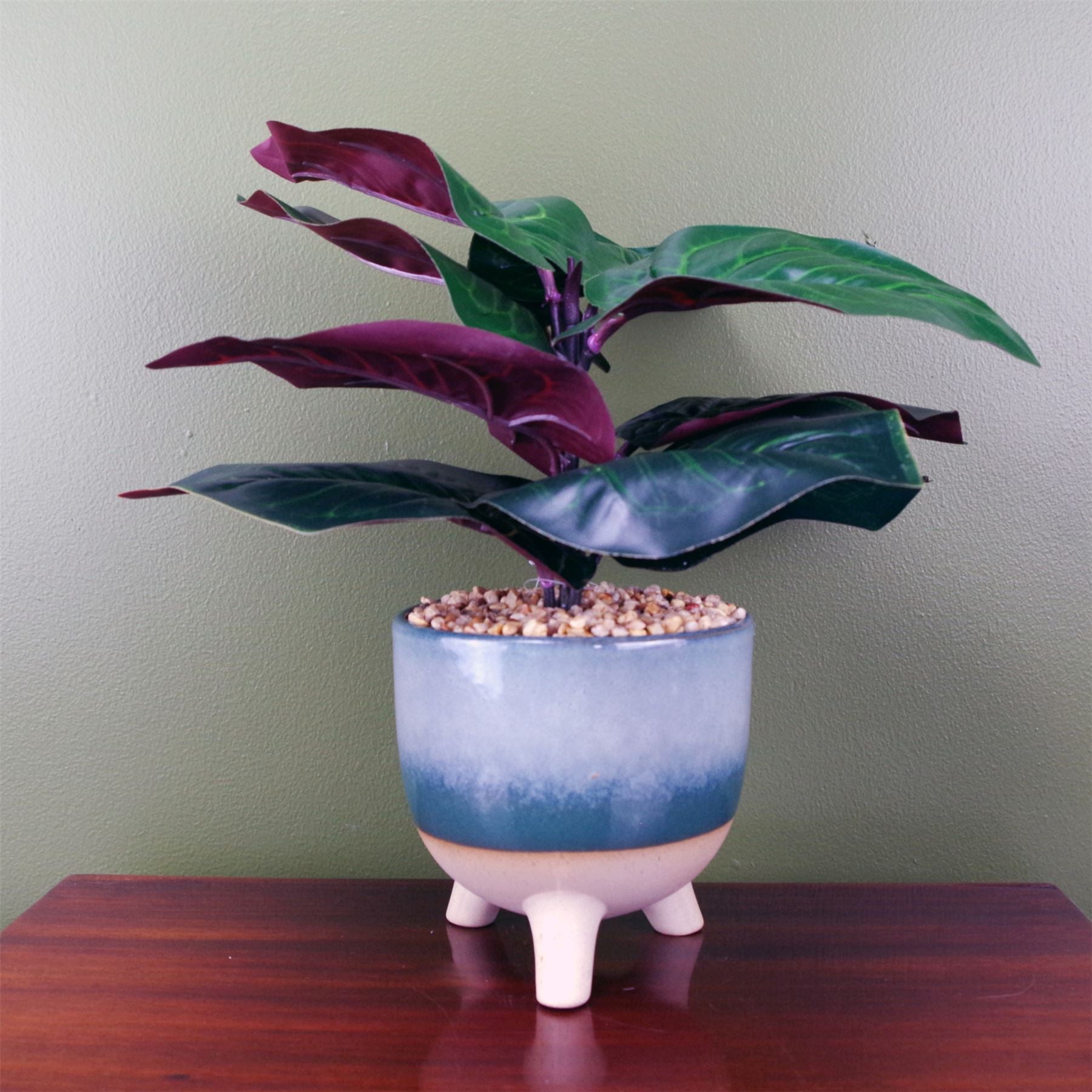 Leaf 35cm Artificial Ficus Plant in Teal Blue Green Three-Legged Ceramic Planter