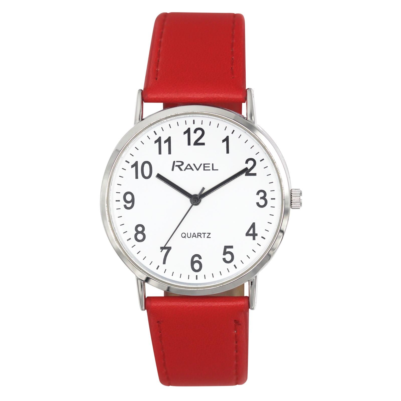 Ravel Ladies Classic Watch with Big White Dial and Red Leather Strap