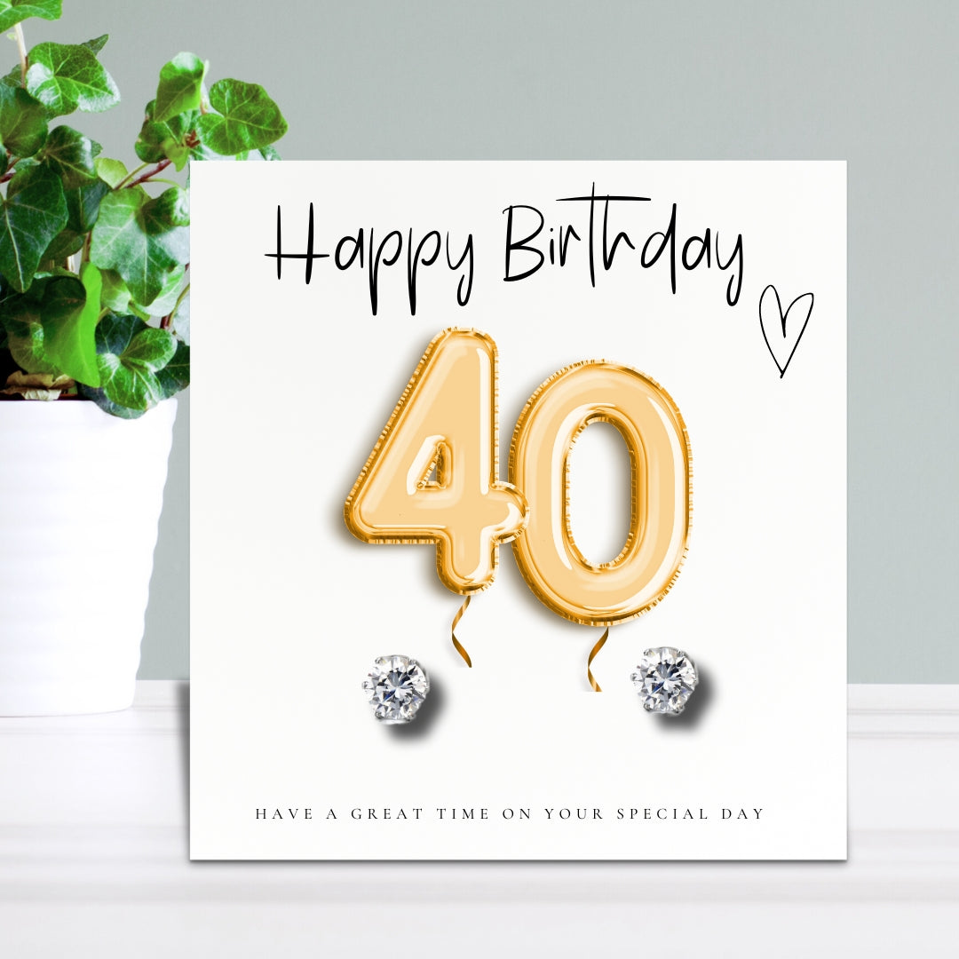 40th Birthday Gold Balloons Earrings and Message Card Gift
