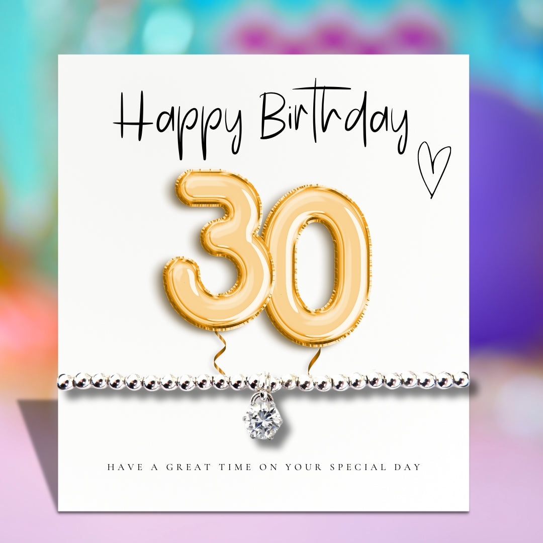 30th Birthday Gold Balloons Charm Bracelet & Message Card Gift