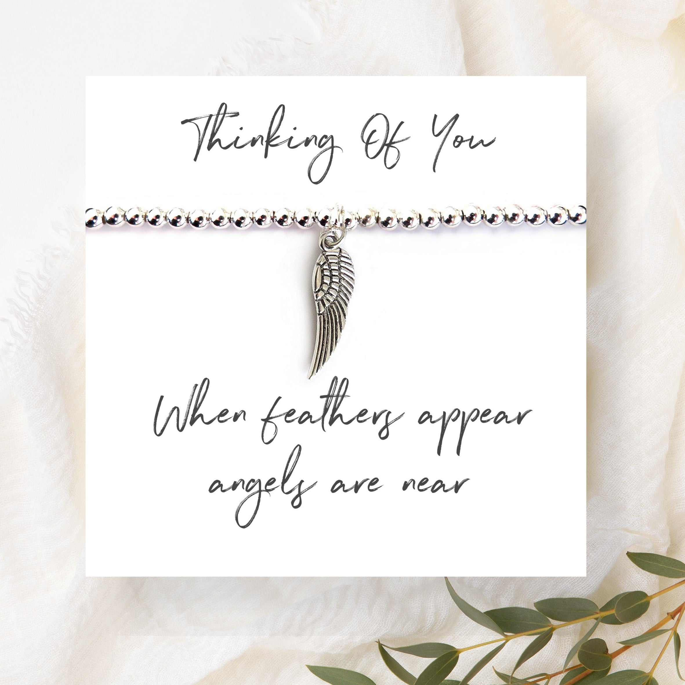 Silver Beaded Bracelet with Feather Charm and Message Card