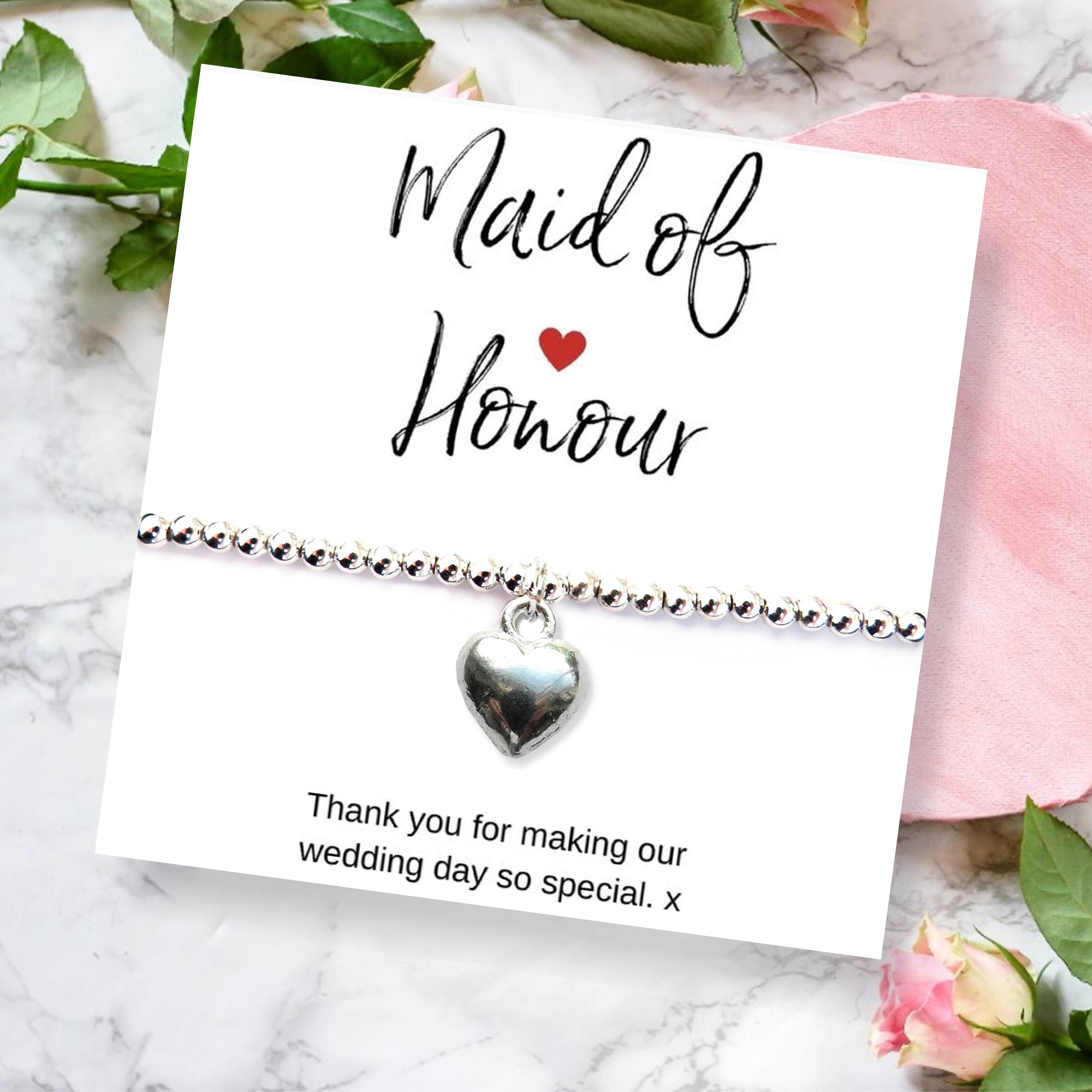 Maid of Honour Thank You Heart Bracelet Gift Box