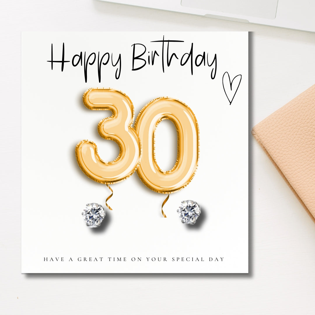 30th Birthday Cubic Zirconia Stud Earrings & Message Card Gift