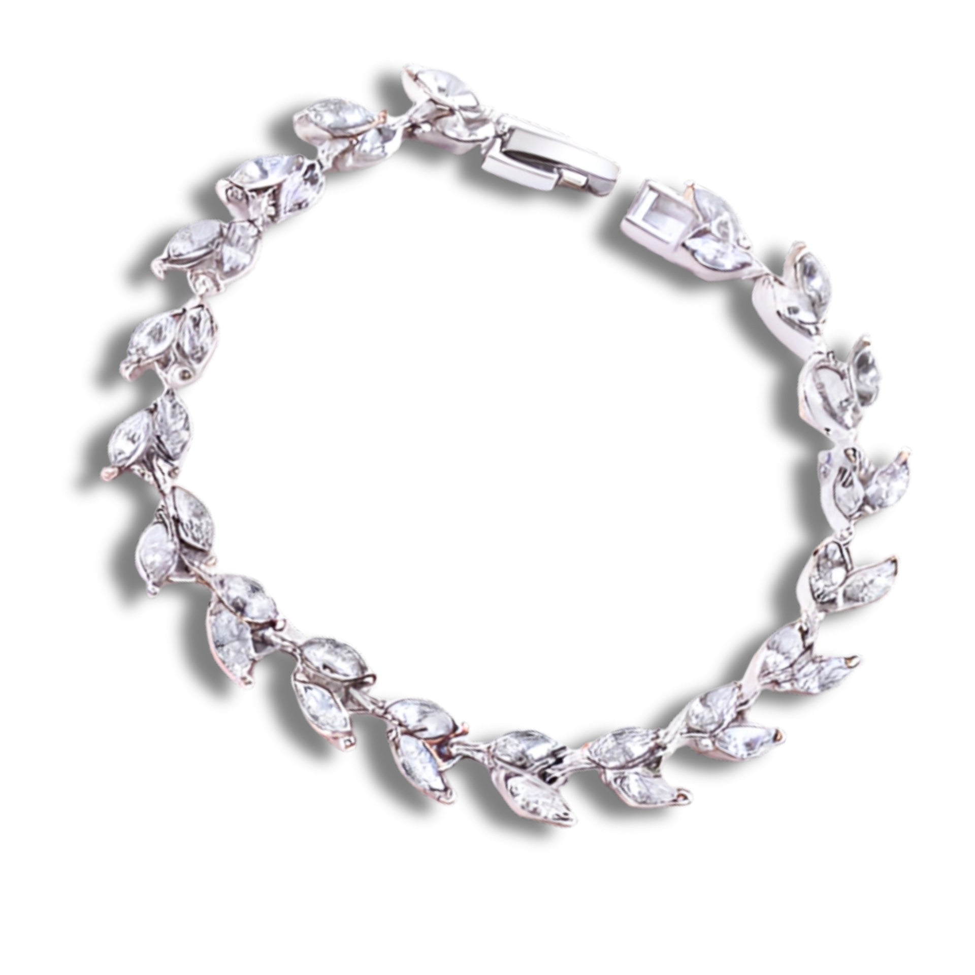 Diamante Leaf Bracelet, Sterling Silver Plated, 7 Inch Bracelet with Ladder Clasp