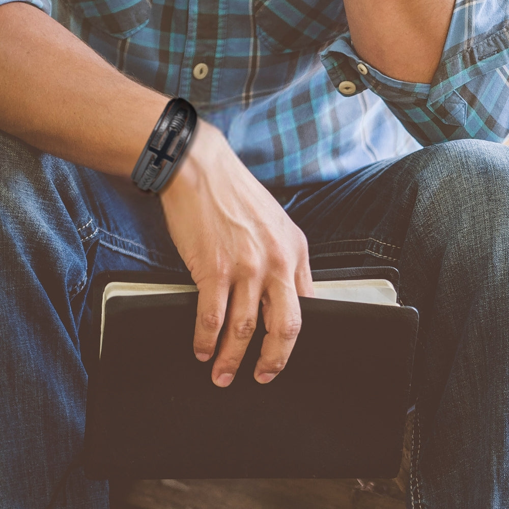 Men's Black Faux Leather Cross Bracelet