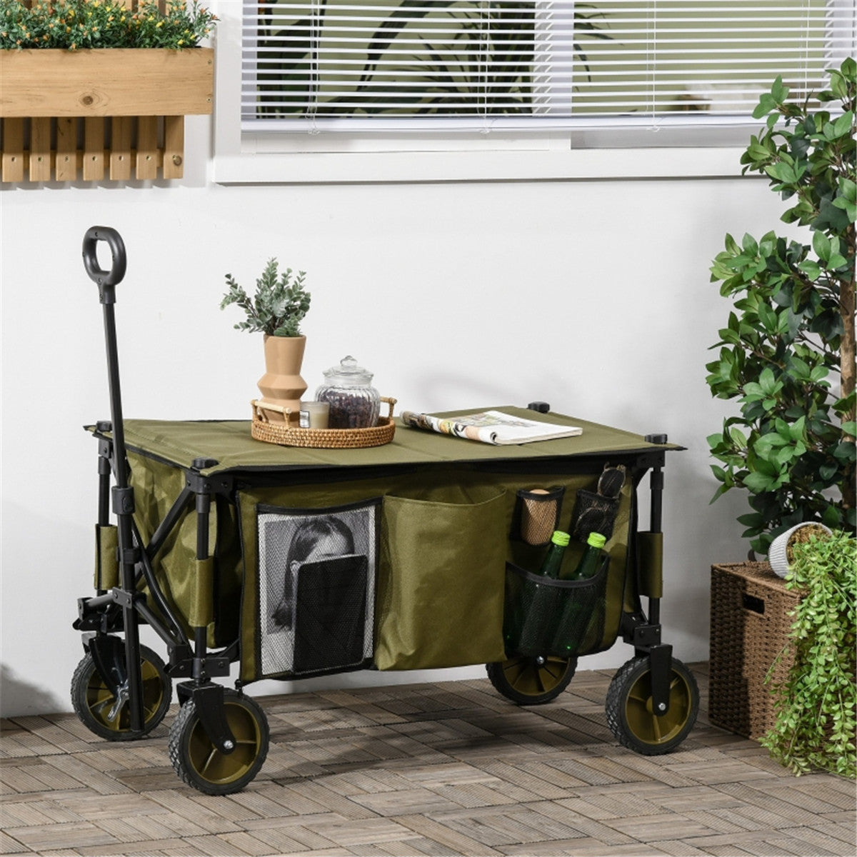 Folding Garden Cart with 4 Wheels, Adjustable Handle, Brake Wheels, Steel Frame, 120kg Capacity