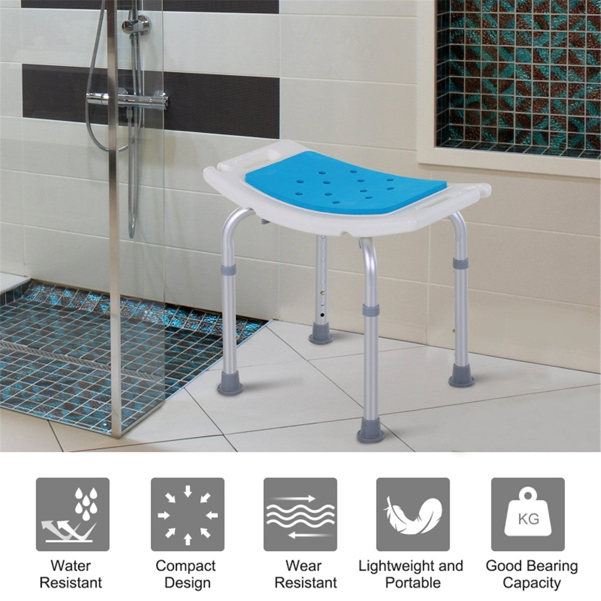 Adjustable Shower Chair with Side Handles, 300 lb Capacity