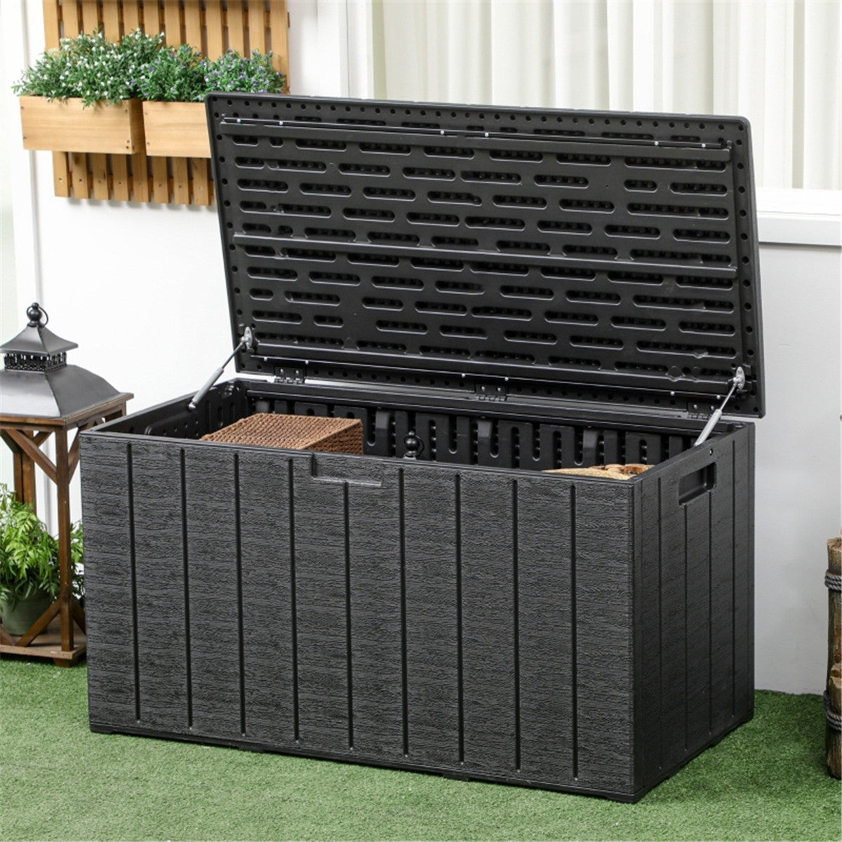Rolling Outdoor Storage Box, 366L, Black, Weather-Resistant PE, Built-In Handles and Rollers