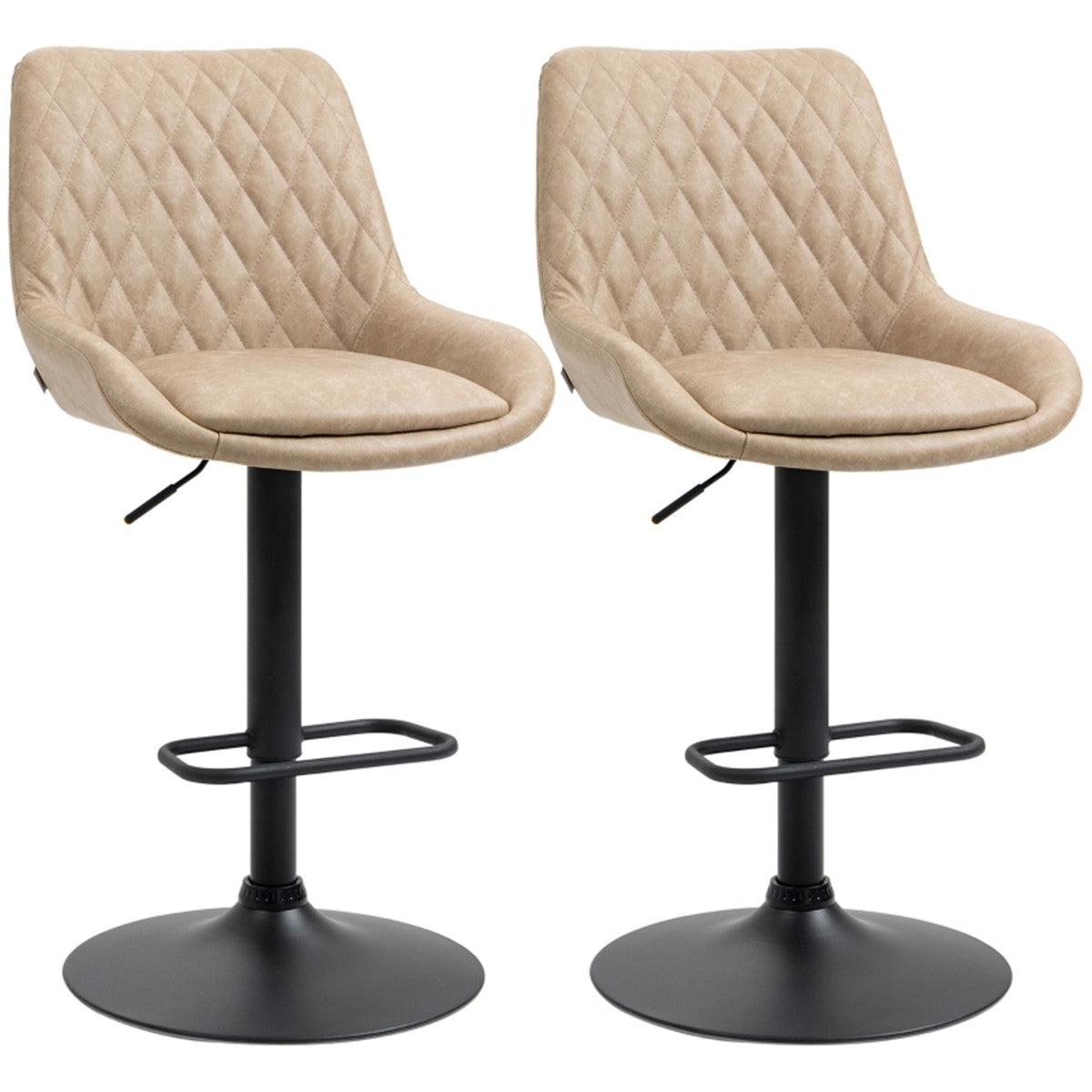 Set of 2 Adjustable Swivel Faux Leather Bar Stools with Diamond Tufting
