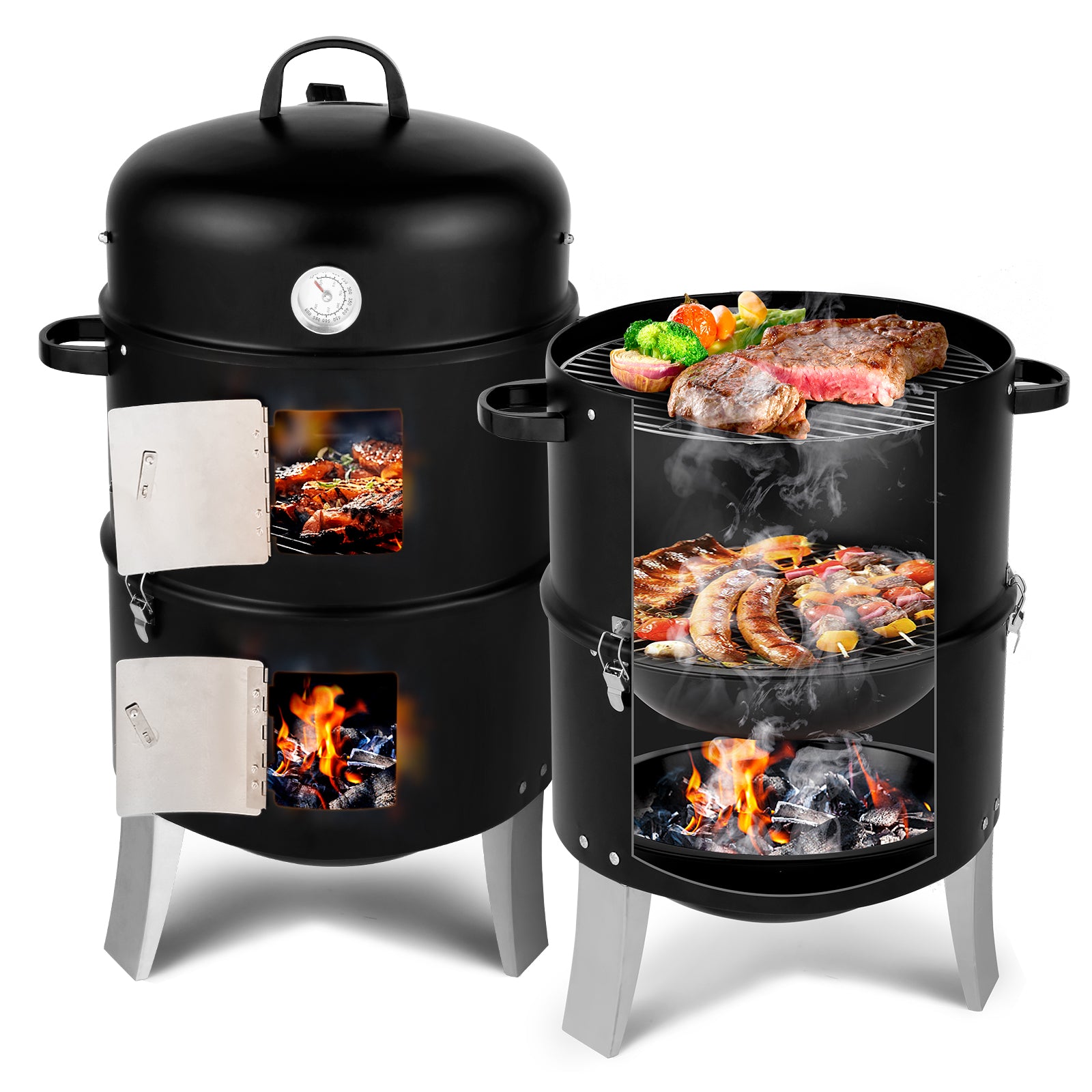 Vertical Steel Charcoal Smoker, Heavy Duty Double-Layer Round BBQ Grill for Outdoor Cooking, Black