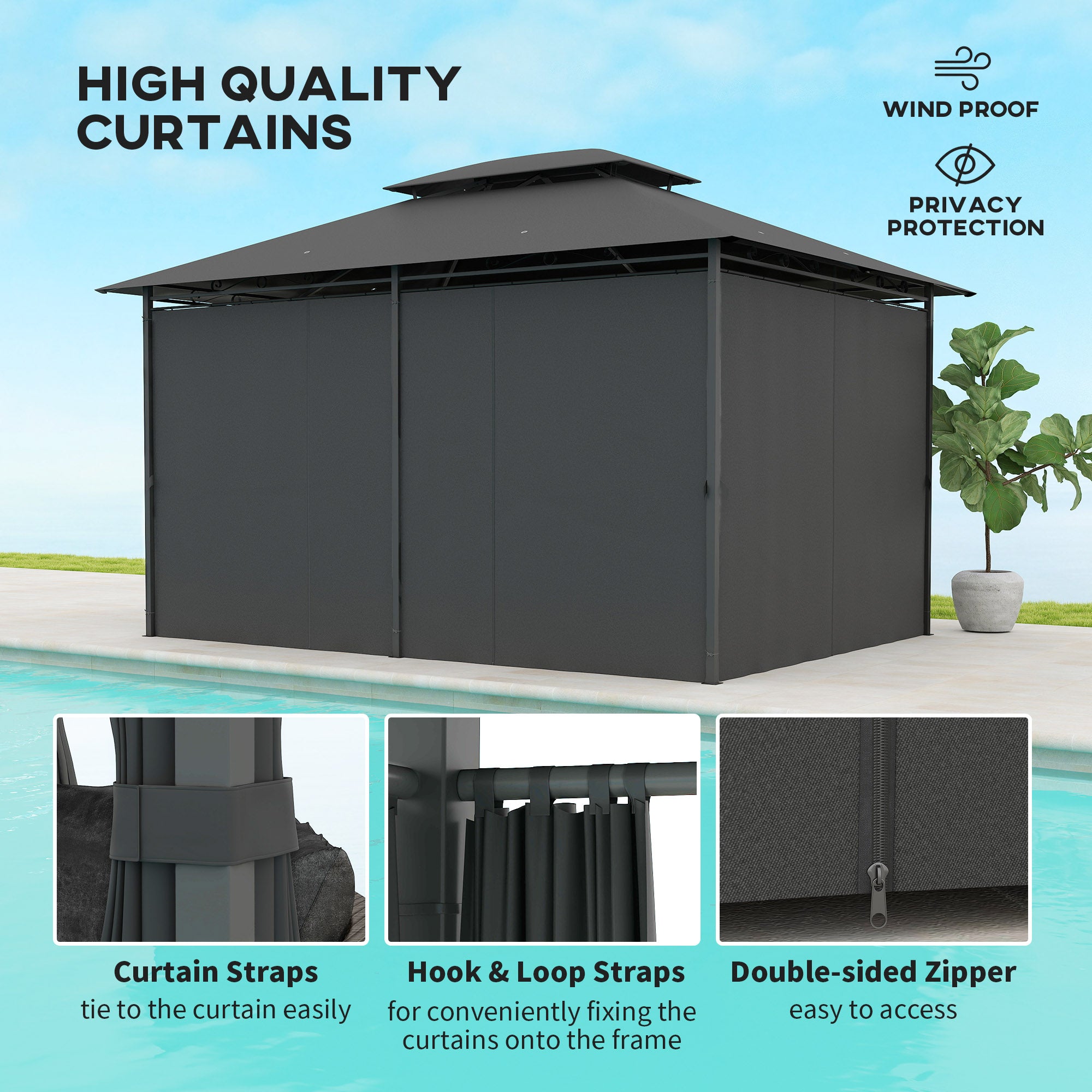 Outsunny 3x4m Outdoor Gazebo with Curtains, Two-Tier Roof
