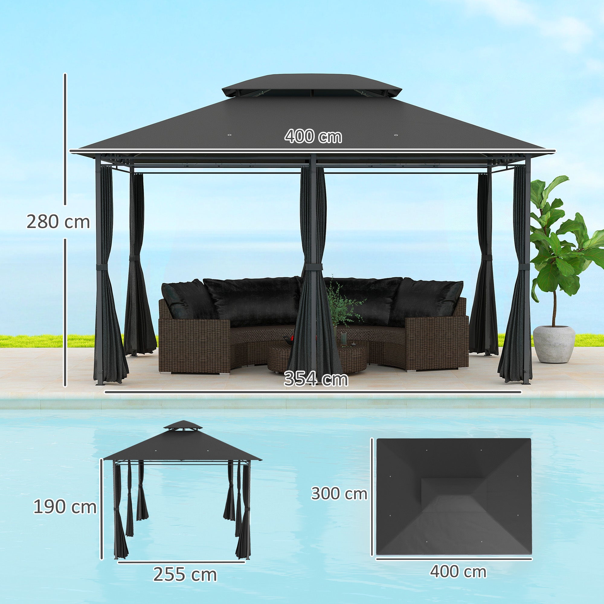 Outsunny 3x4m Outdoor Gazebo with Curtains, Two-Tier Roof