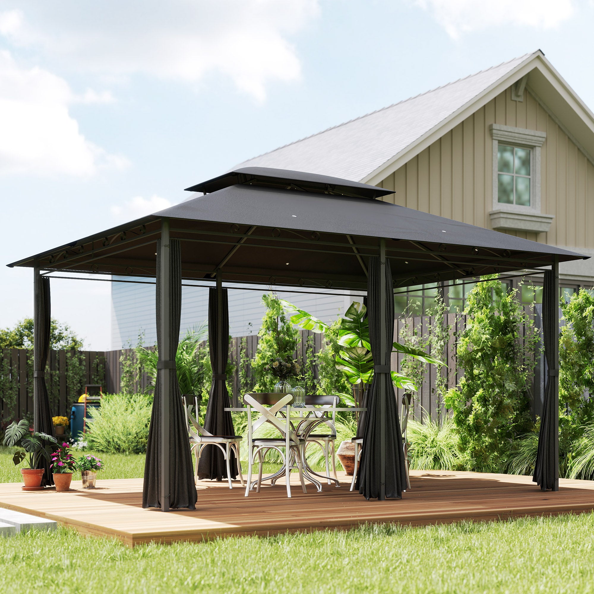 Outsunny 3x4m Outdoor Gazebo with Curtains, Two-Tier Roof