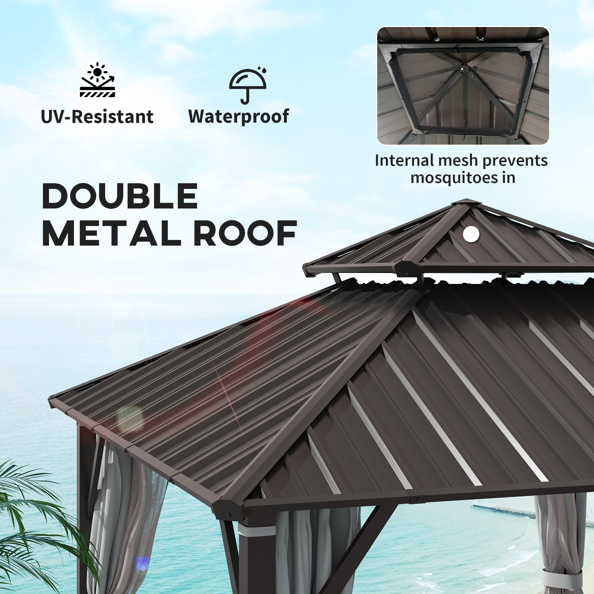 Outsunny 3x3m Hardtop Gazebo with Metal Roof, Curtains and Netting