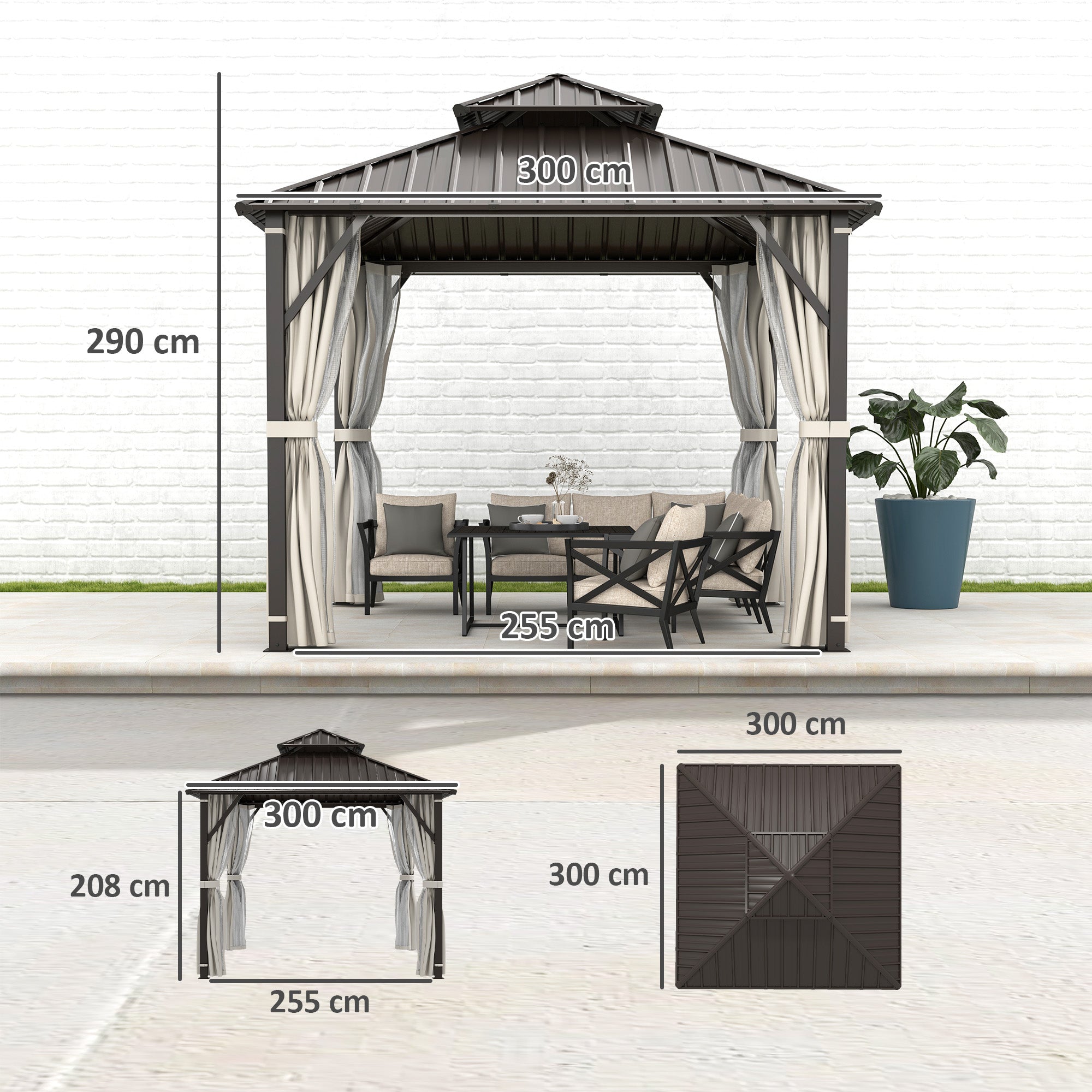 Outsunny 3x3m Hardtop Gazebo with Metal Roof, Curtains and Netting