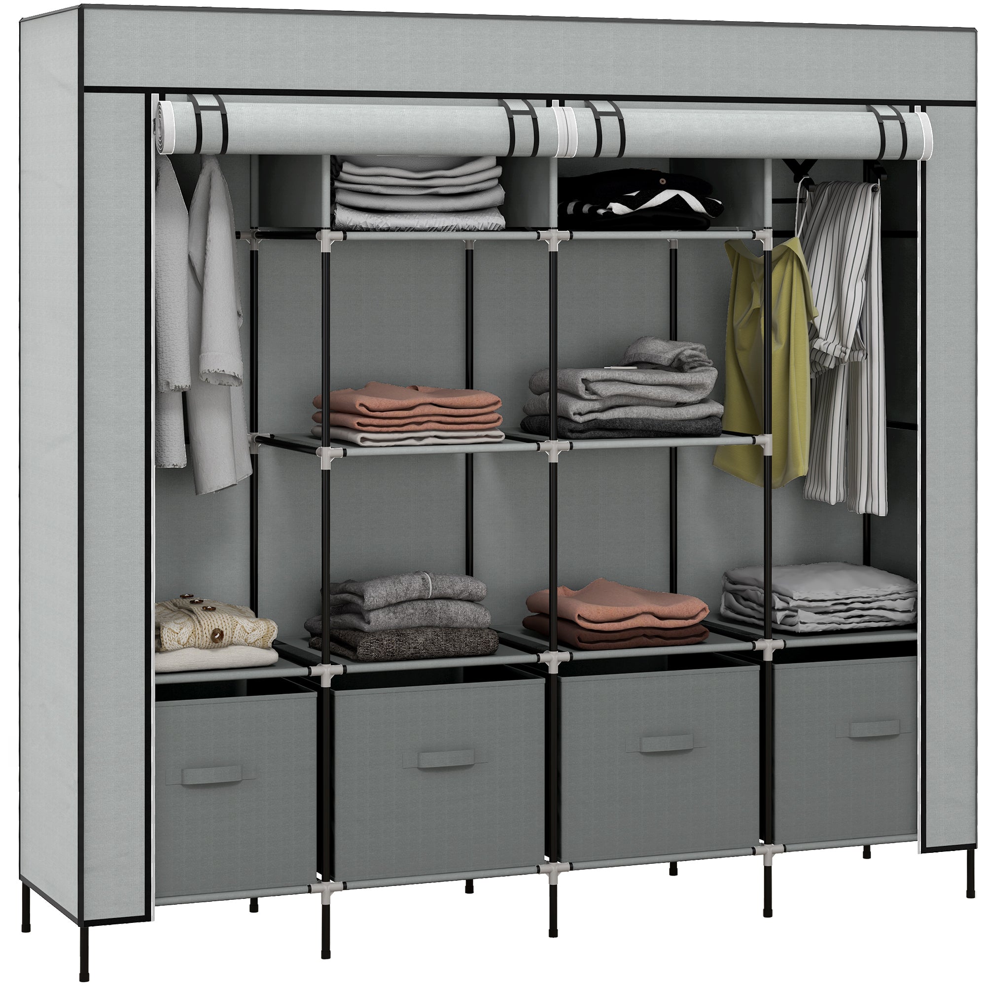 HOMCOM Fabric Wardrobe Closet with 10 Compartments, 2 Hanging Rails