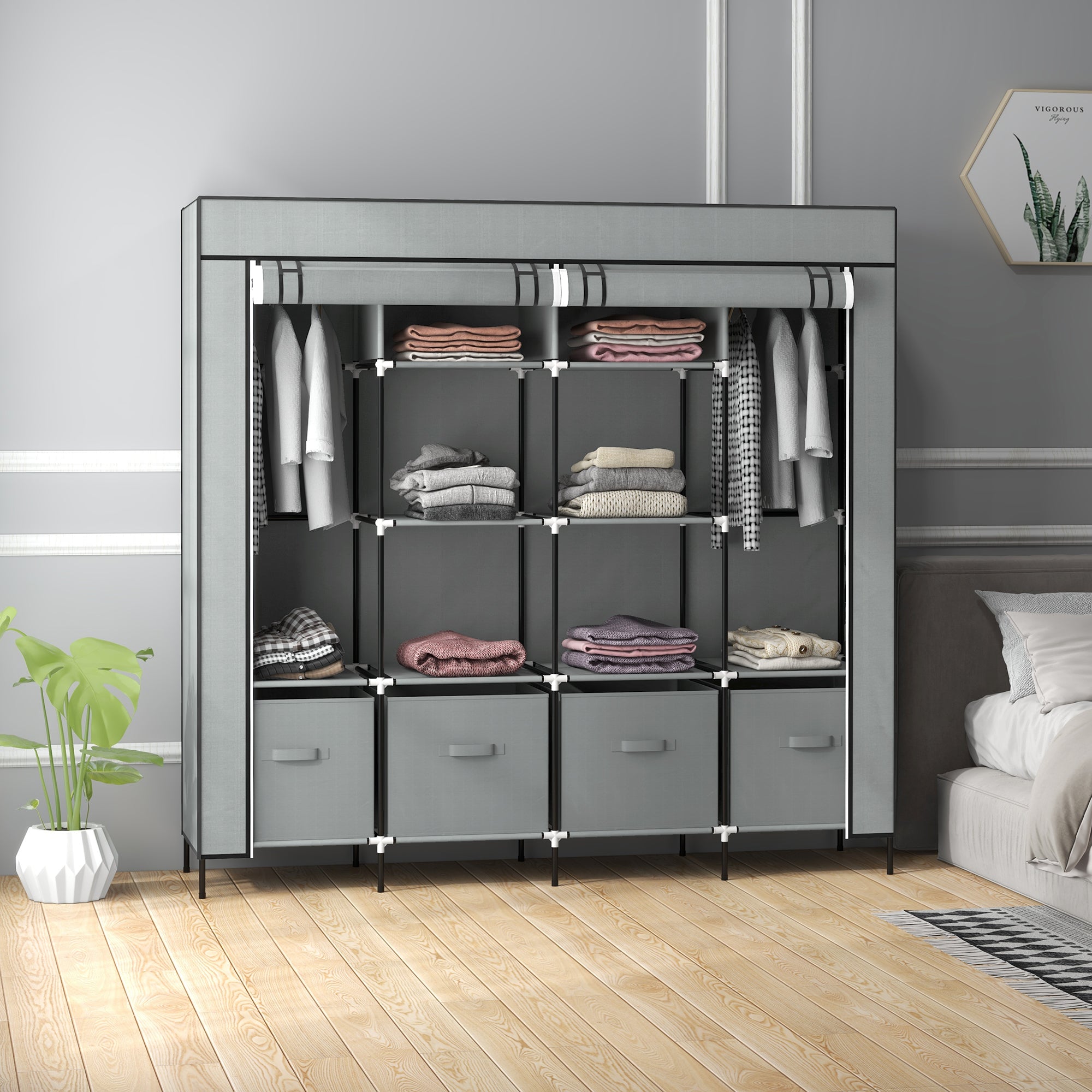 HOMCOM Fabric Wardrobe Closet with 10 Compartments, 2 Hanging Rails