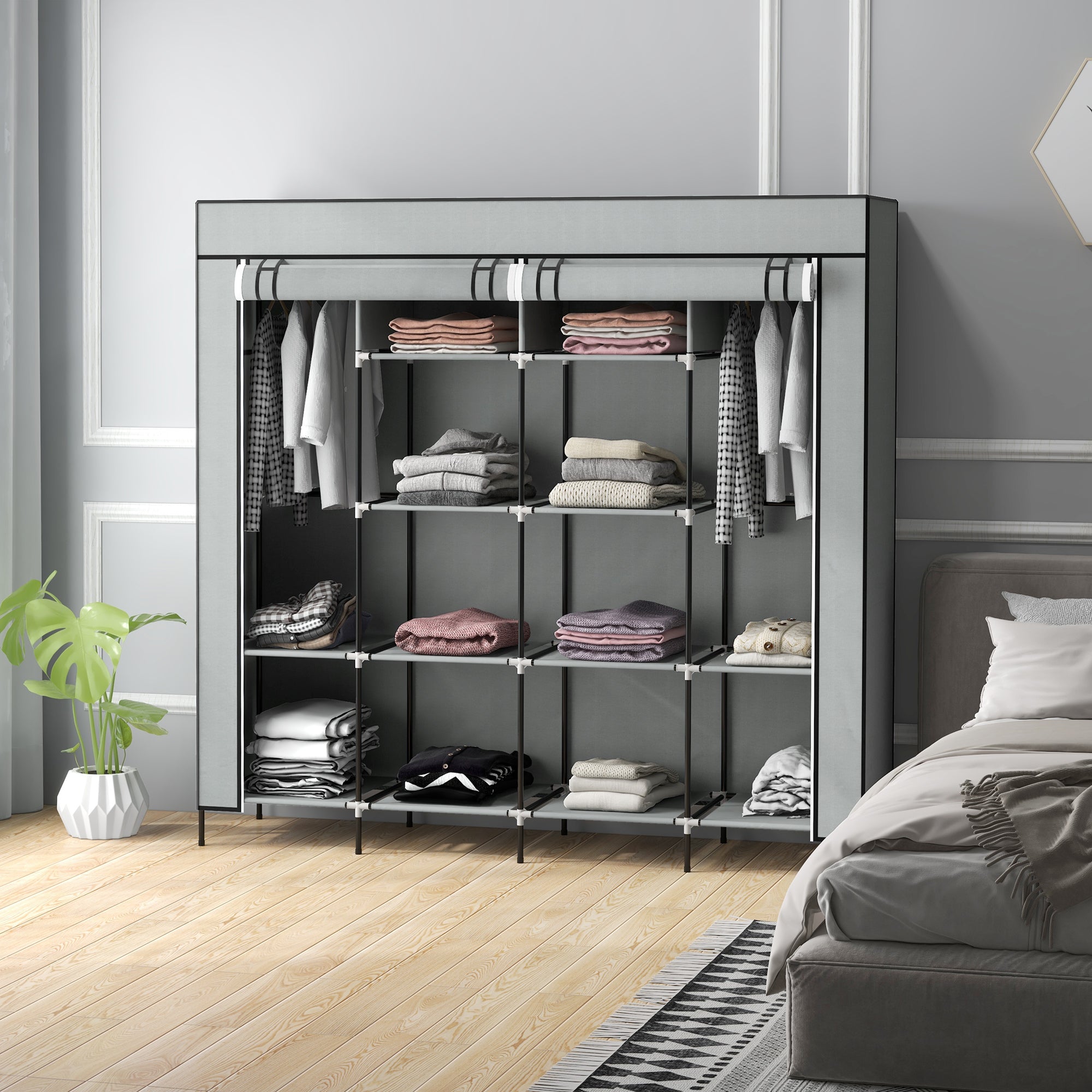 HOMCOM Fabric Wardrobe Closet with 10 Compartments, 2 Hanging Rails