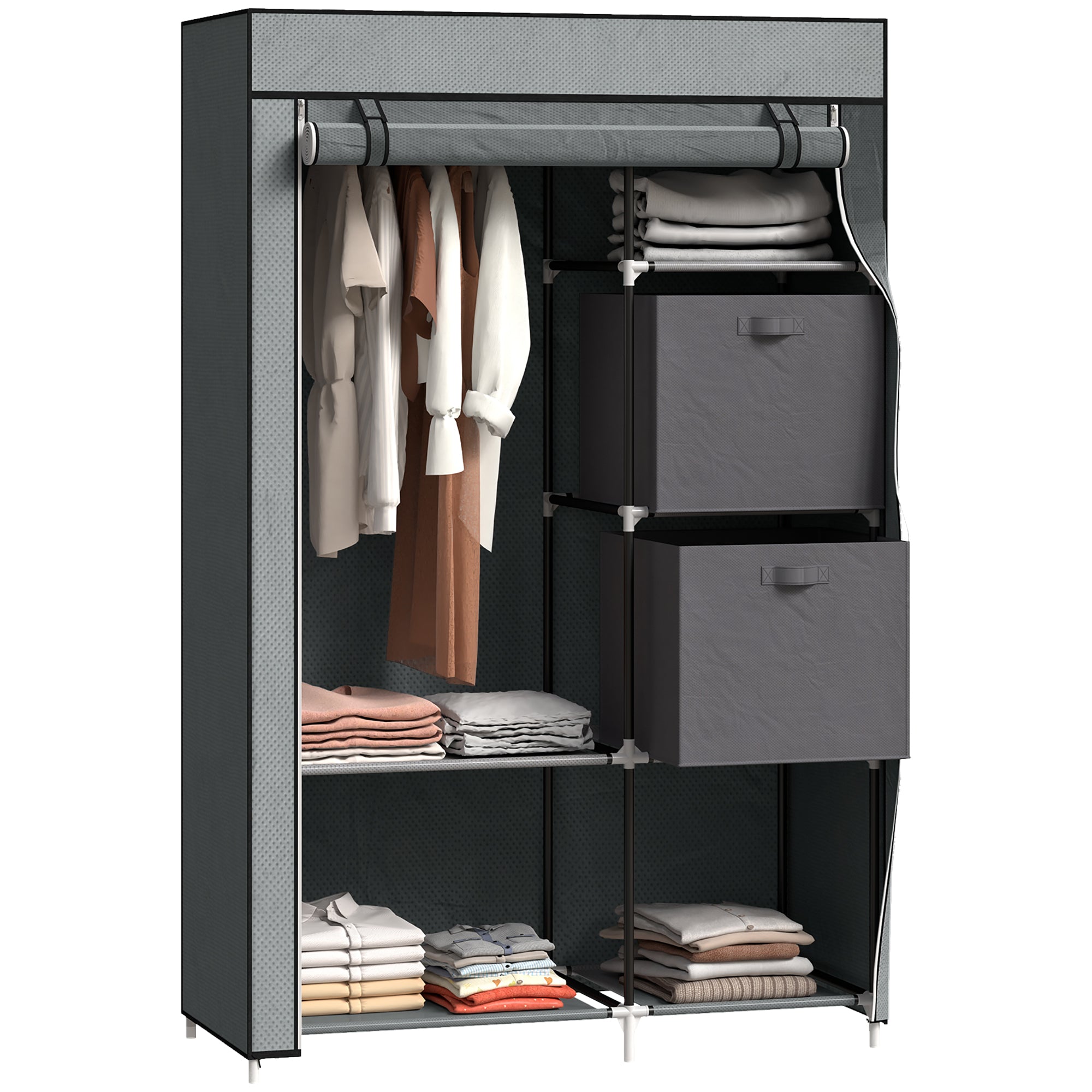 HOMCOM Portable Fabric Wardrobe with Drawers & Hanging Rail, Dark Grey