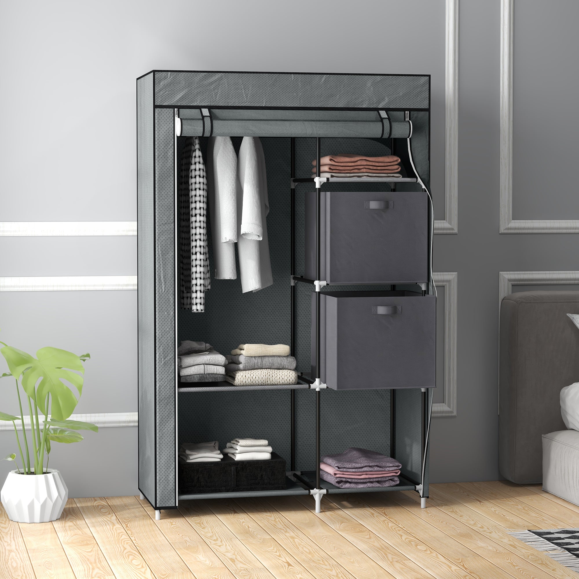 HOMCOM Portable Fabric Wardrobe with Drawers & Hanging Rail, Dark Grey