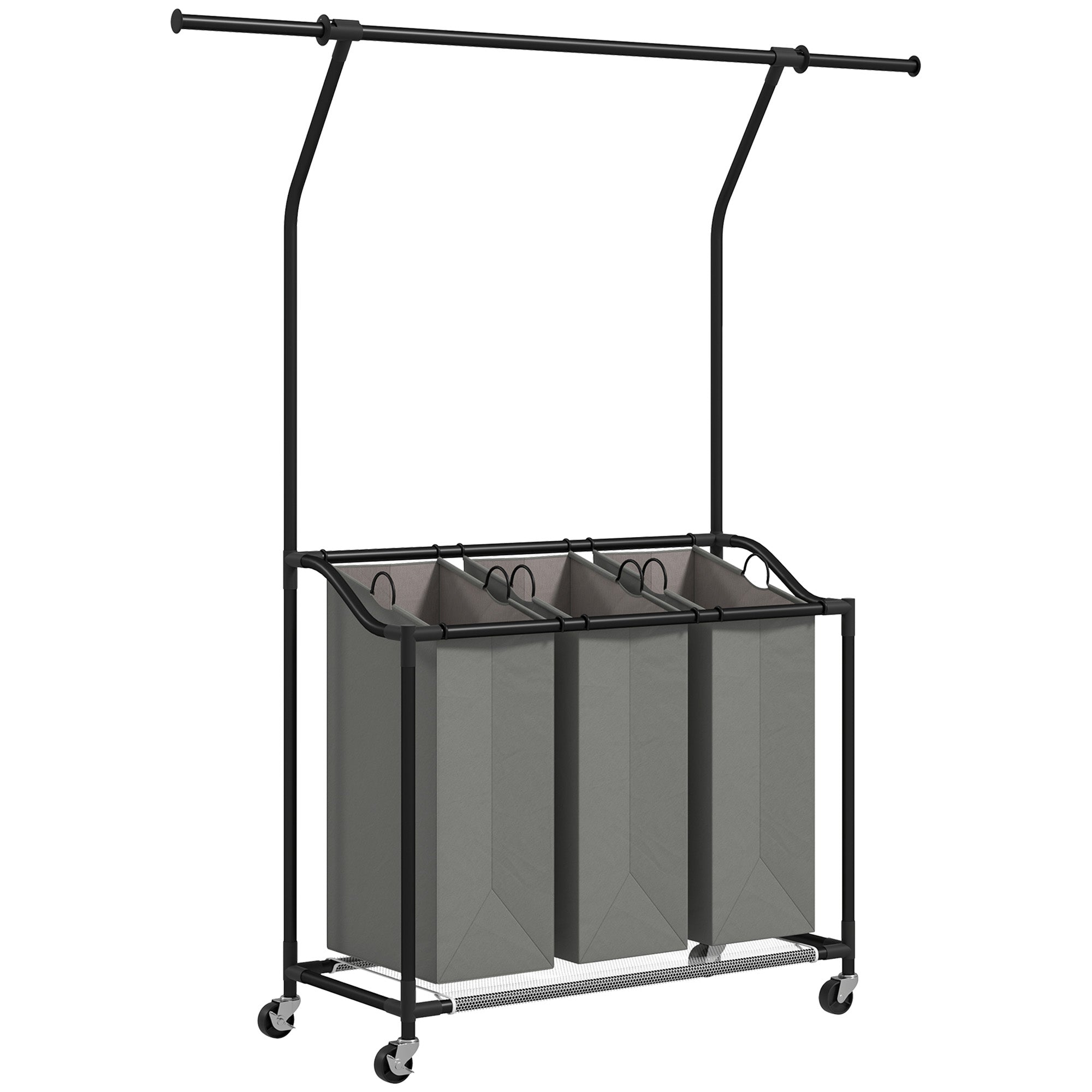 HOMCOM 126L Laundry Sorter with 3-Bag Organiser & Hanging Rail, Dark Grey