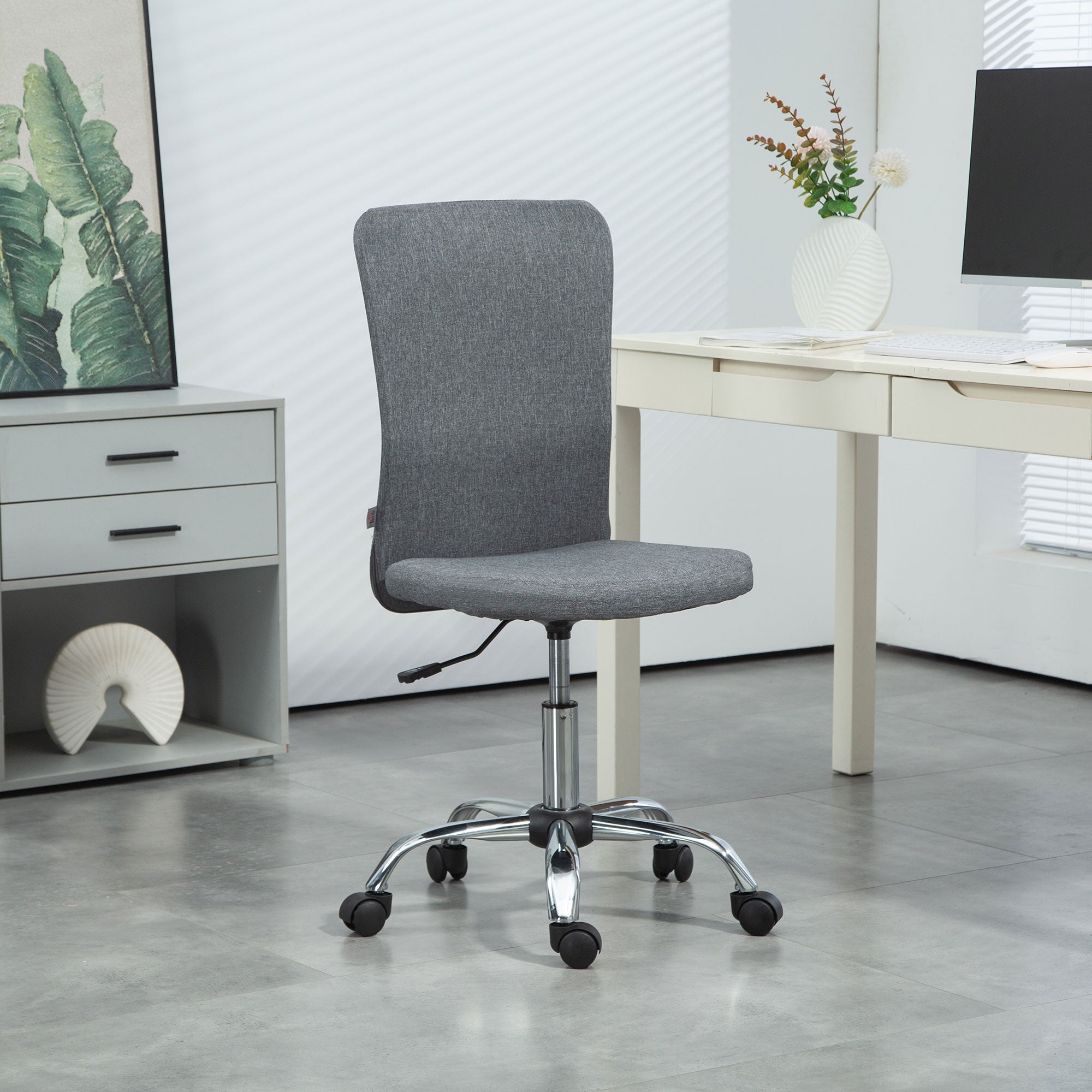 HOMCOM Grey Armless Adjustable Swivel Desk Chair, Linen-Feel