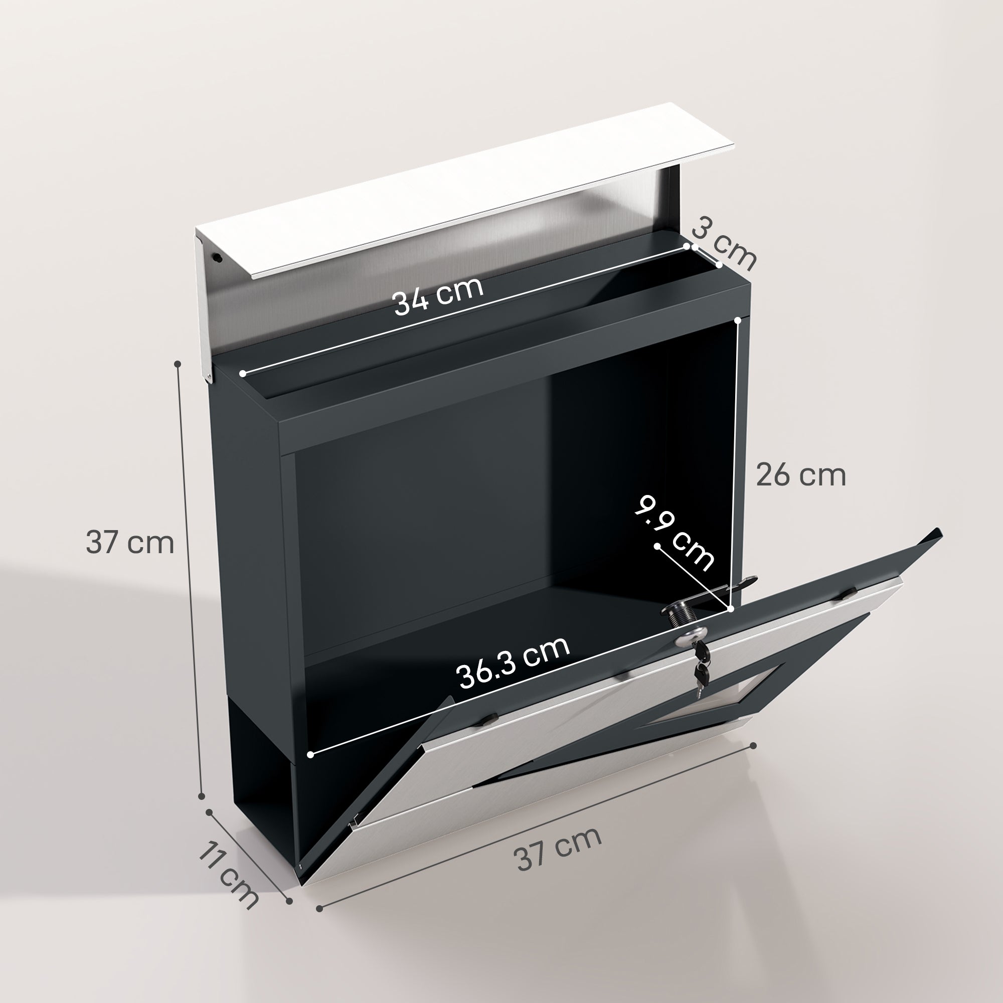 HOMCOM Wall Mounted Lockable Weatherproof Letterbox, Silver