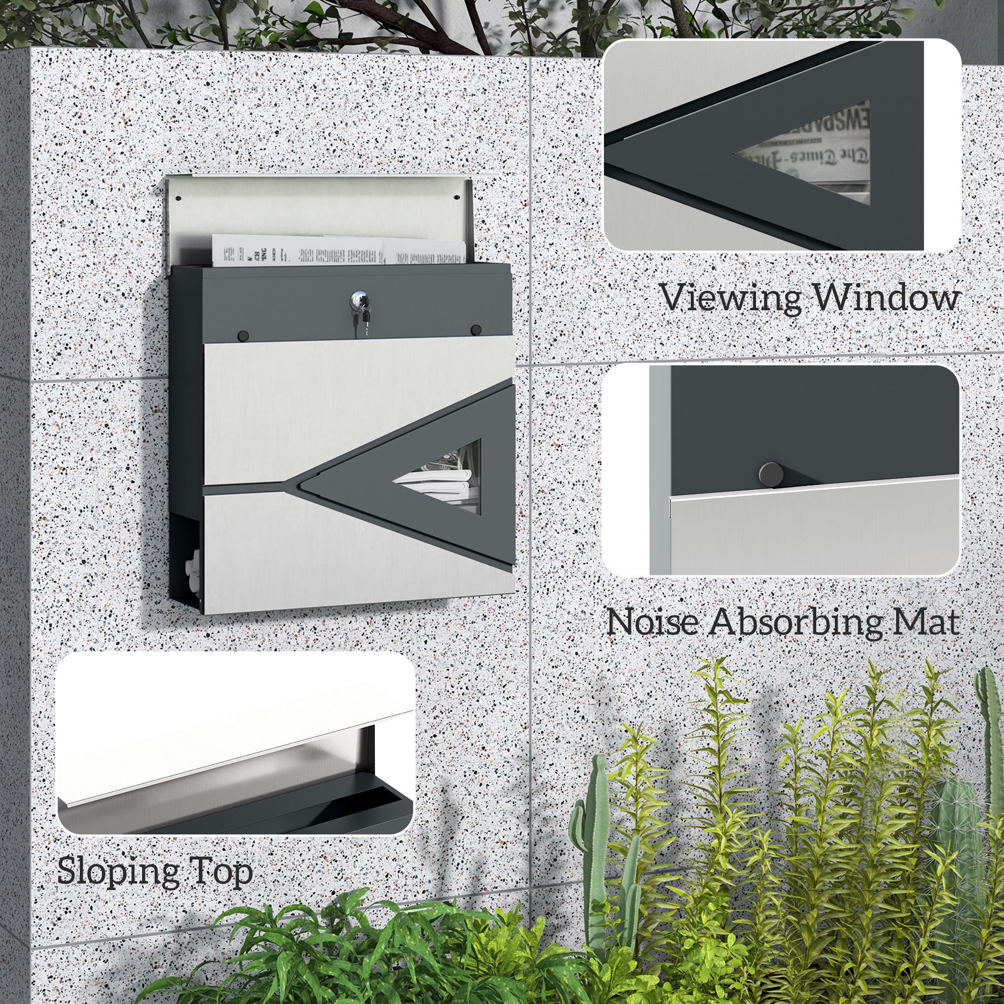 HOMCOM Wall Mounted Lockable Weatherproof Letterbox, Silver
