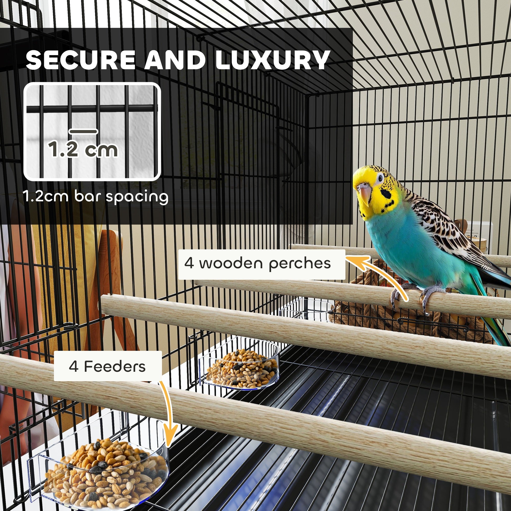PawHut Divided Bird Cage with 4 Perches and Slide-Out Tray, Black