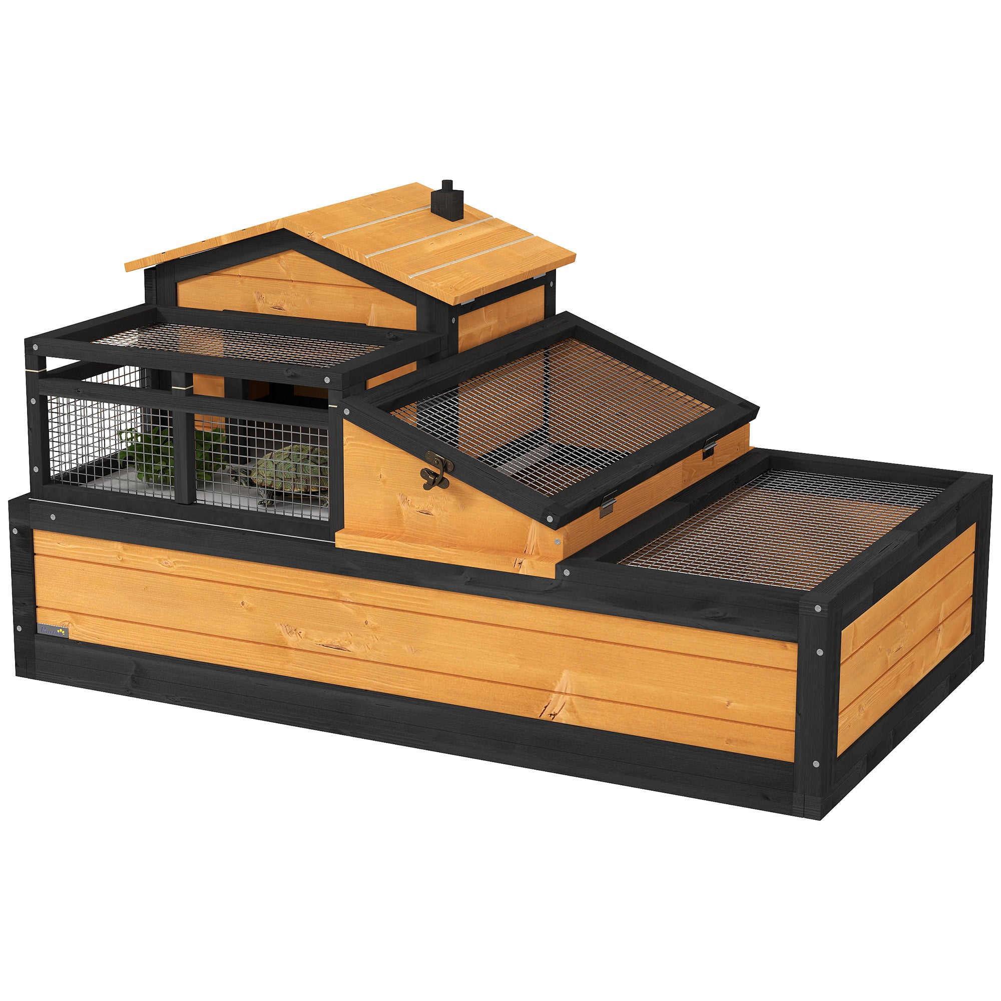 PawHut Wooden Tortoise House with Balcony, Tray & Openable Roof