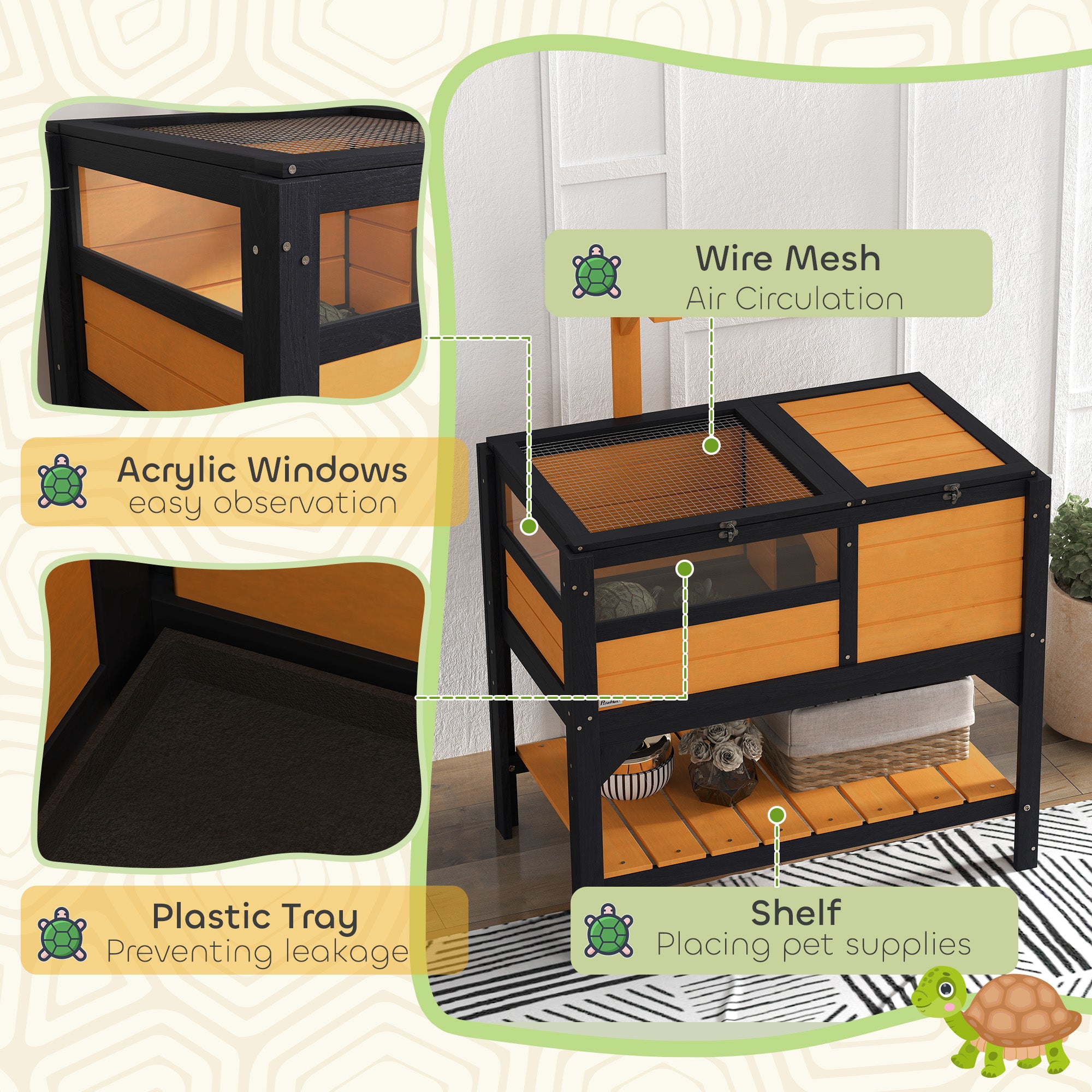 PawHut Wooden Tortoise House with Run, Shelter & Lamp Holder