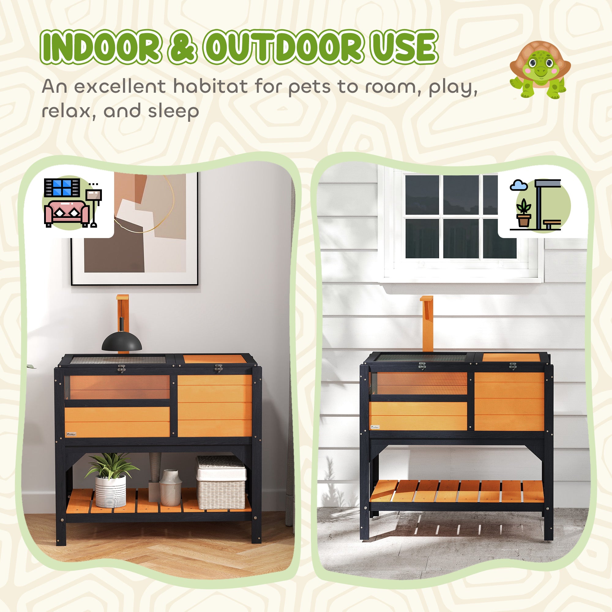 PawHut Wooden Tortoise House with Run, Shelter & Lamp Holder