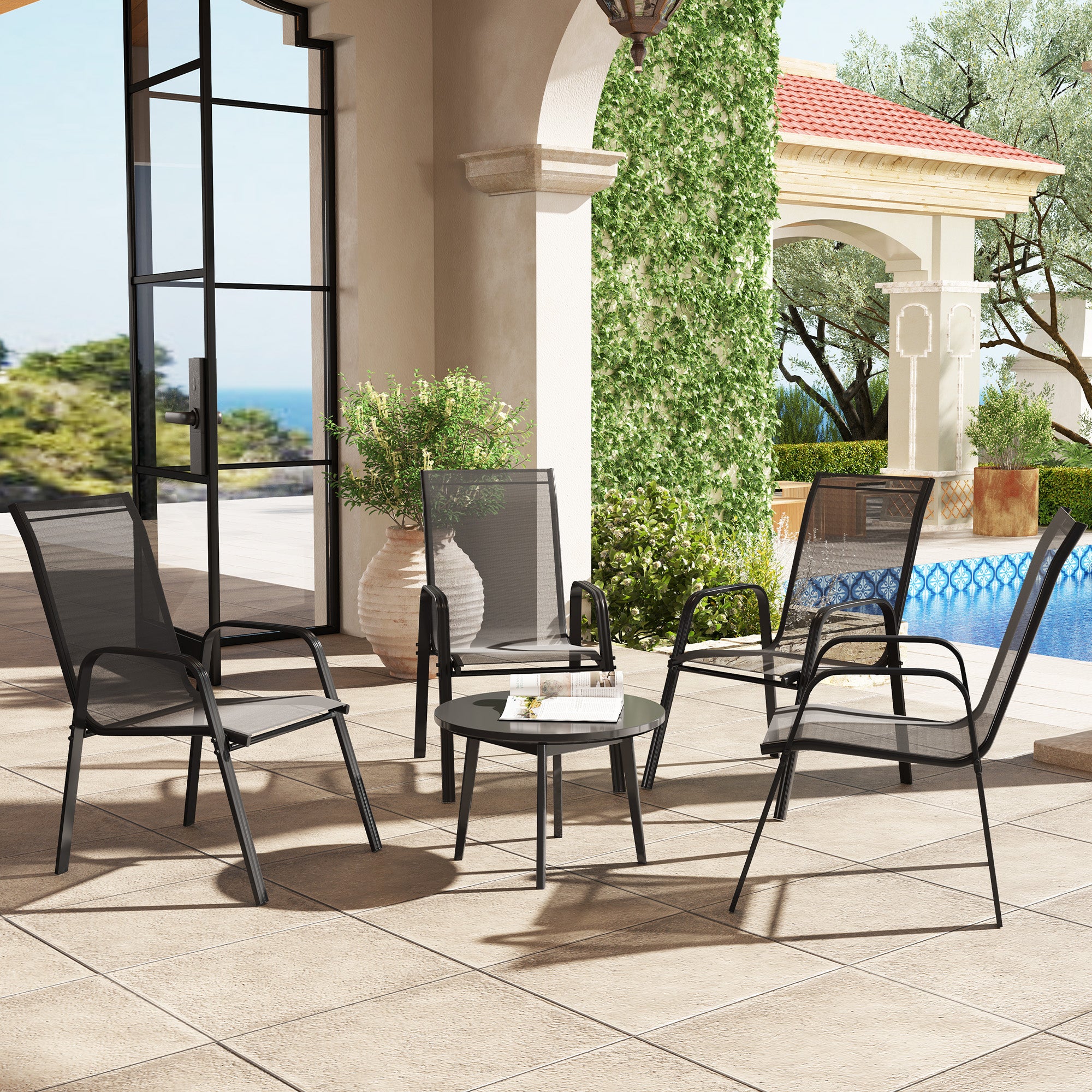 Outsunny Set of 4 Stackable Garden Dining Chairs with Armrests, Black