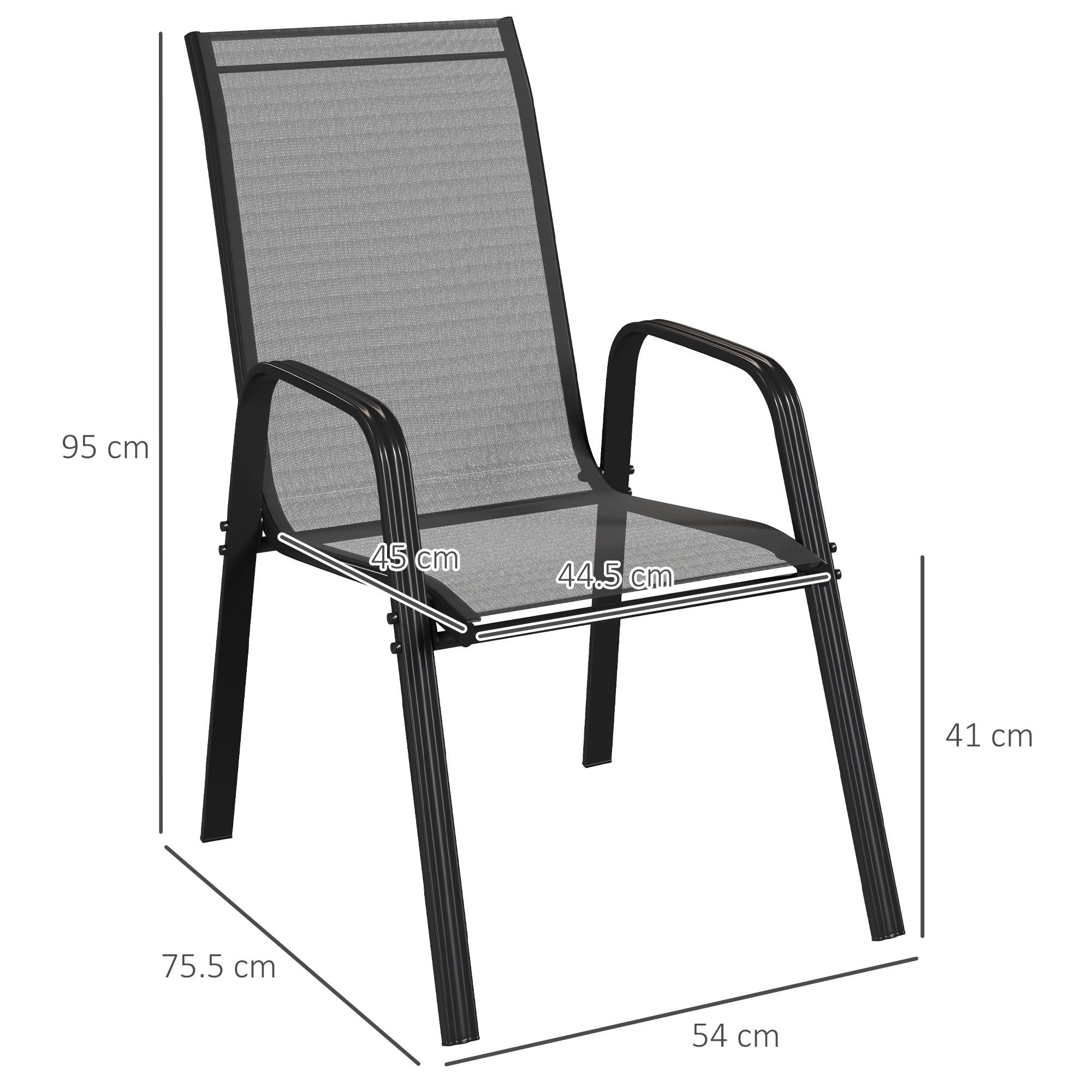 Outsunny Set of 4 Stackable Garden Dining Chairs with Armrests, Black