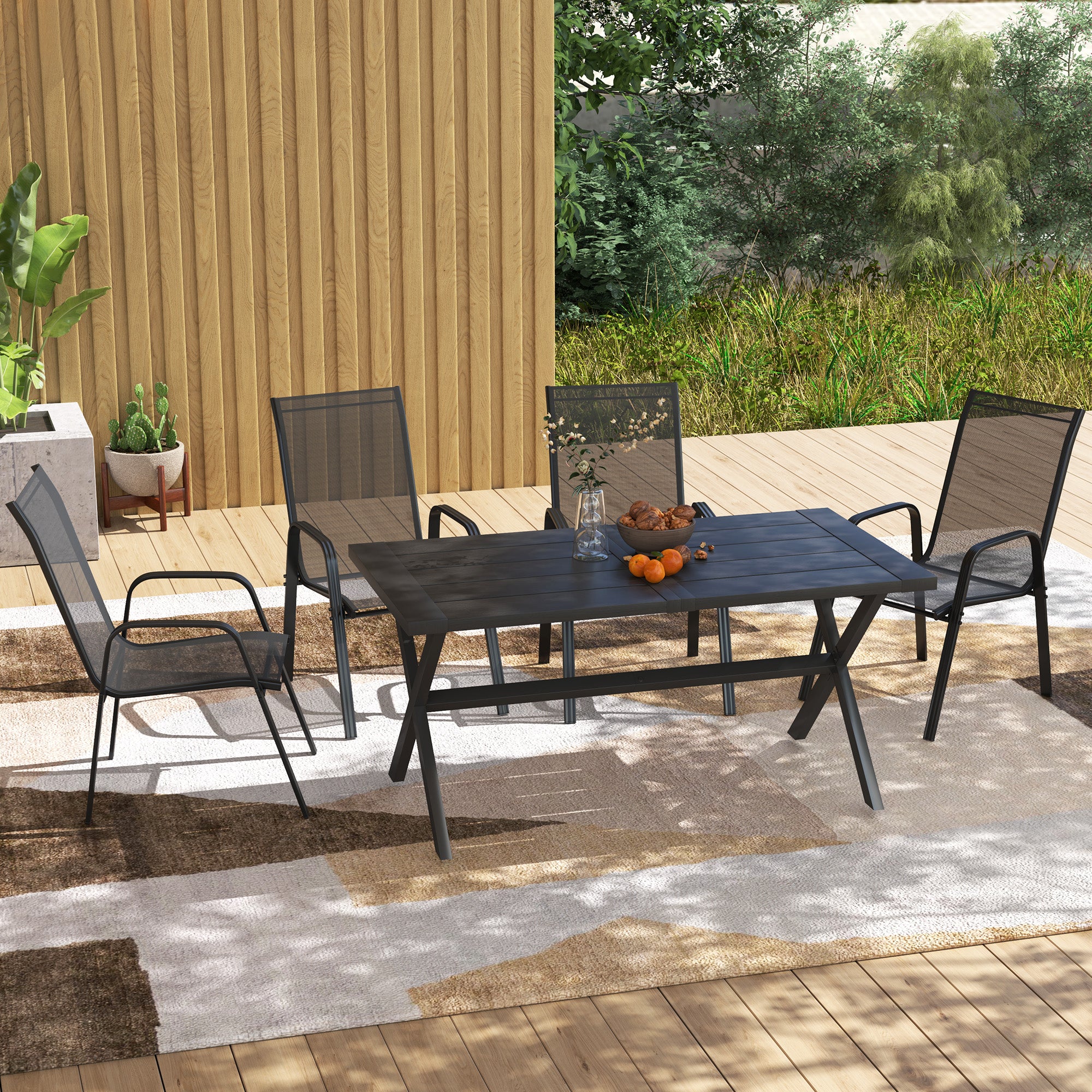 Outsunny Set of 4 Stackable Garden Dining Chairs with Armrests, Black
