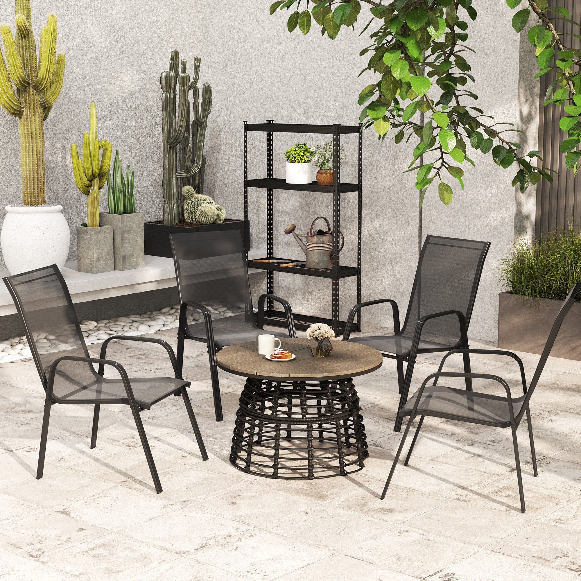 Outsunny Set of 4 Stackable Garden Dining Chairs with Armrests, Black