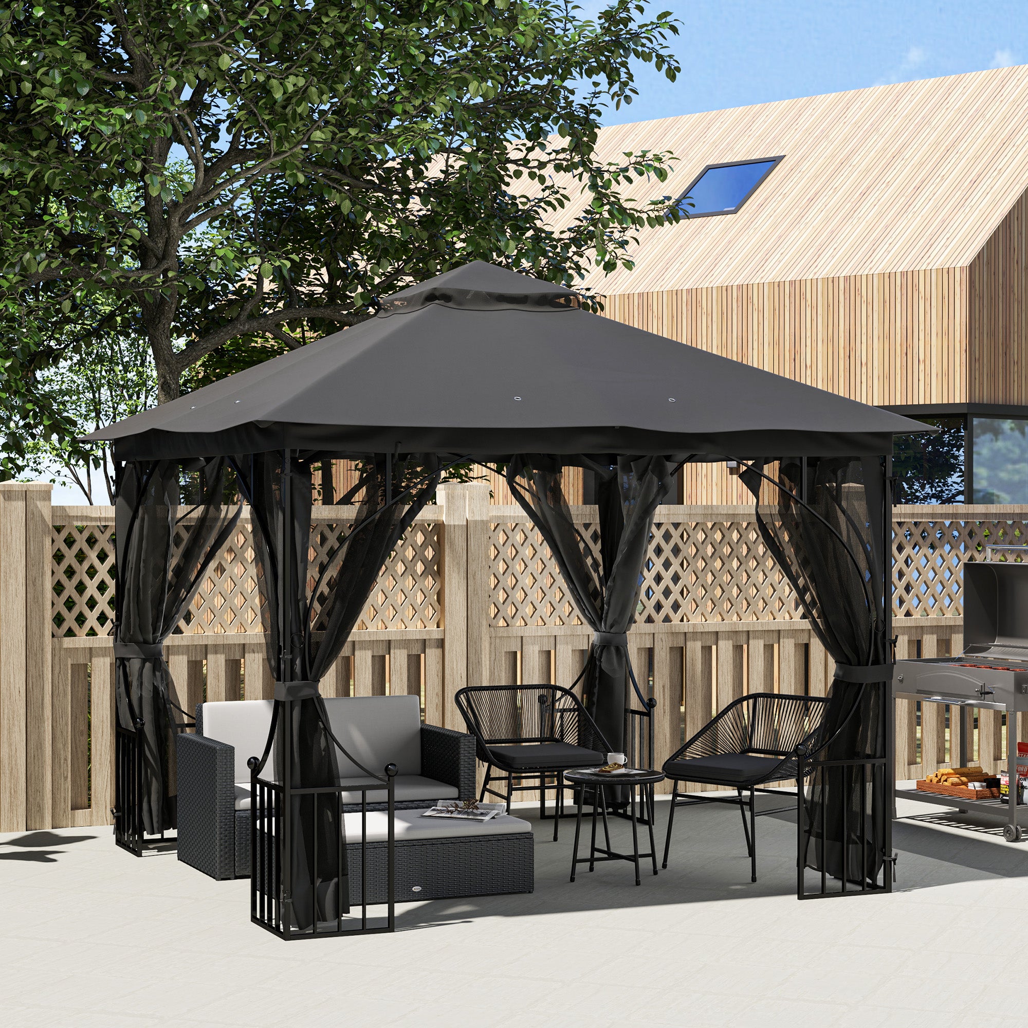 Outsunny 3x3m Gazebo Party Tent with Mesh Curtains, Dark Grey