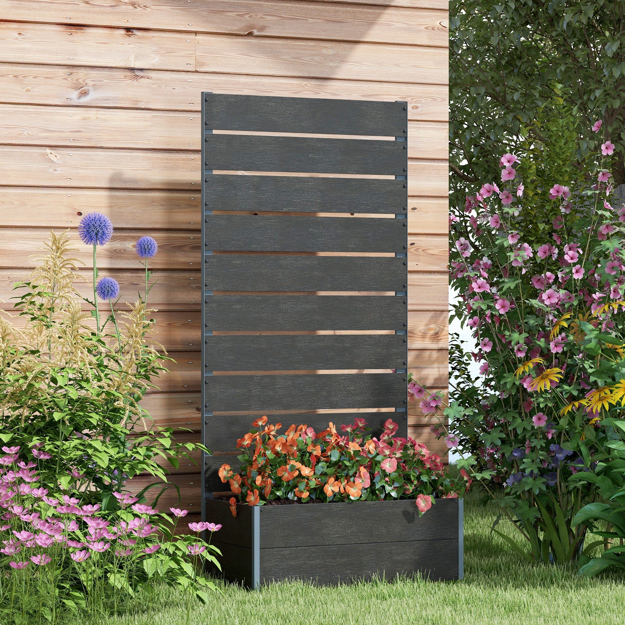 Outsunny Raised Garden Bed Planter Box with Trellis, Drainage Hole, Black