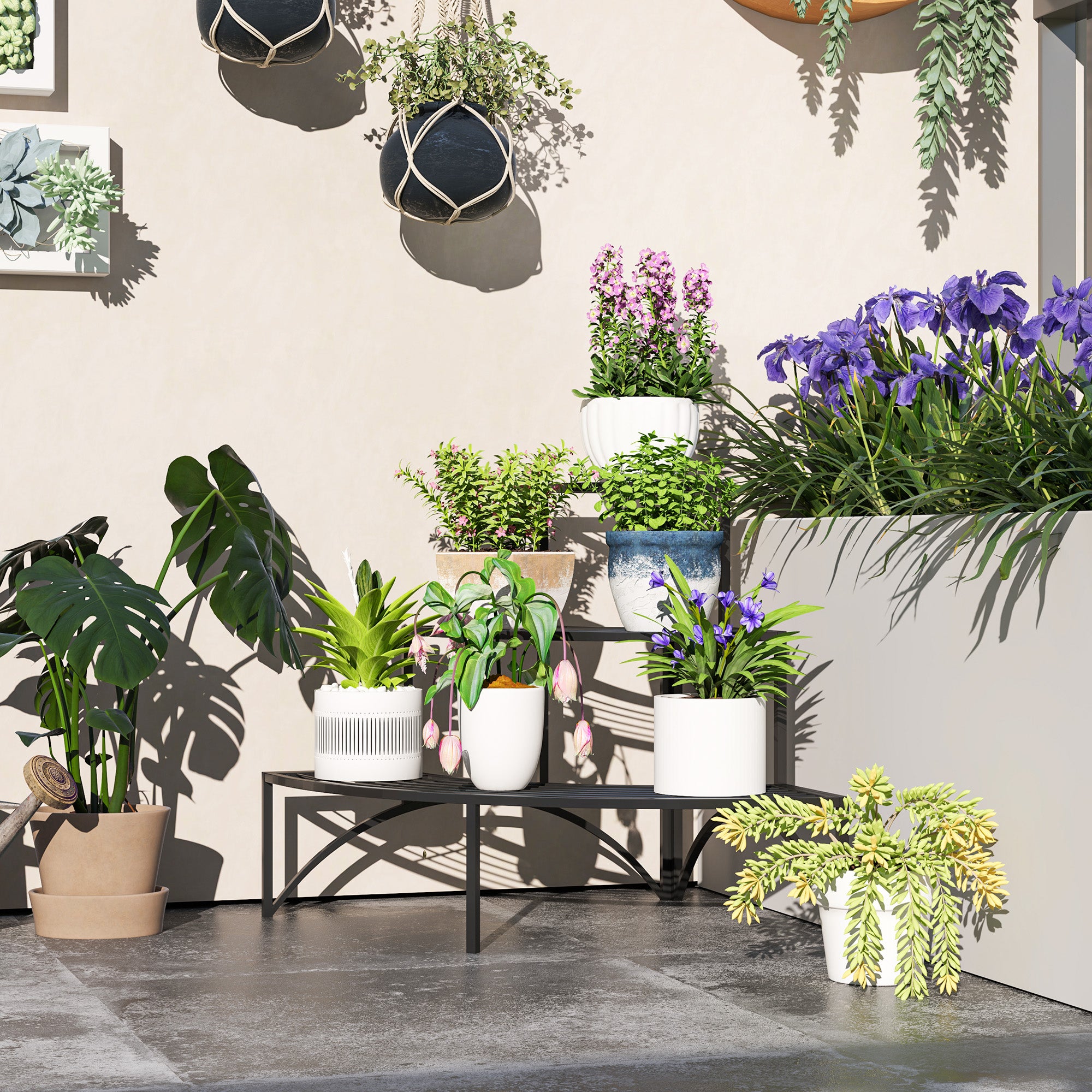 Outsunny 3-Tier Metal Corner Plant Stand for Garden, Balcony, Patio, Black