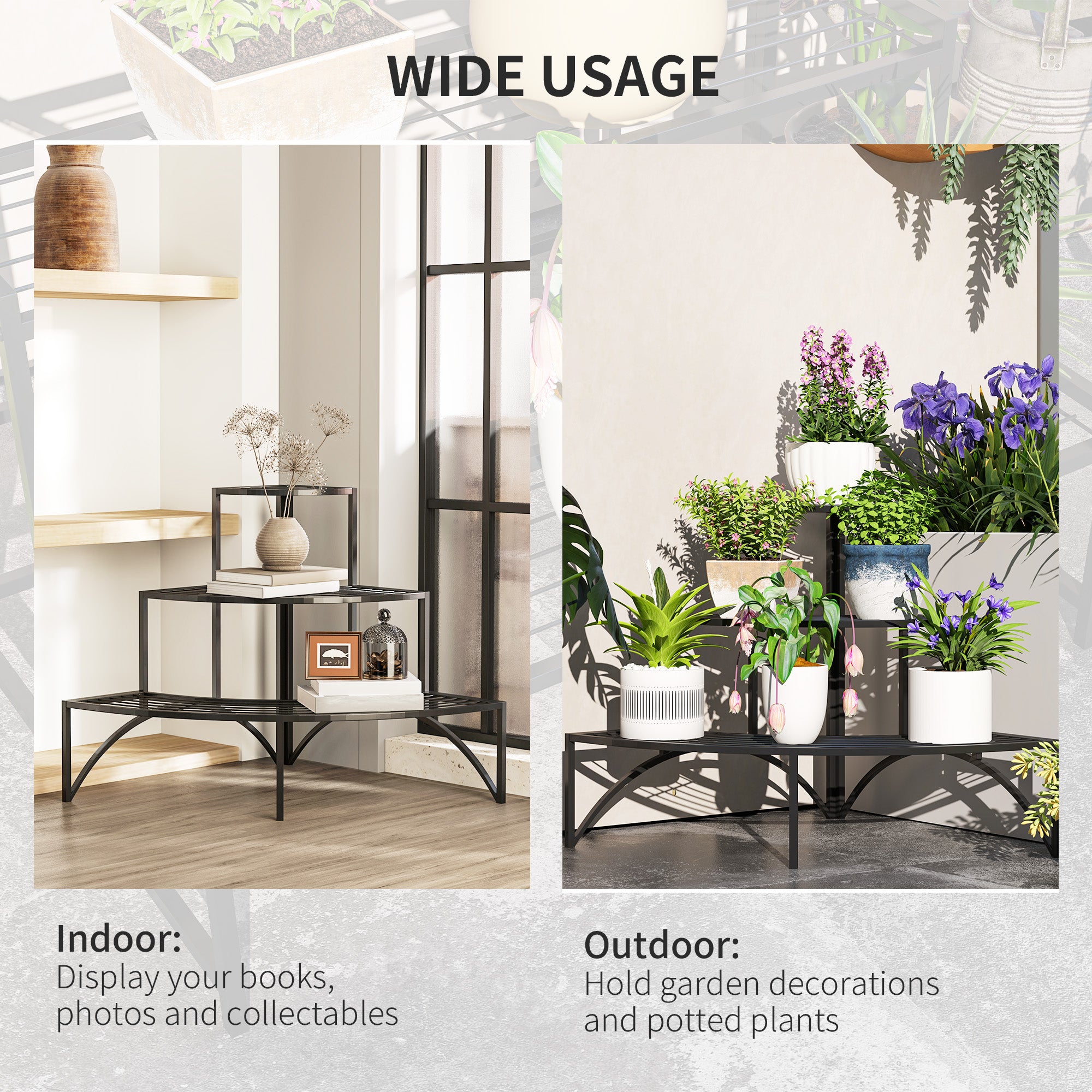 Outsunny 3-Tier Metal Corner Plant Stand for Garden, Balcony, Patio, Black