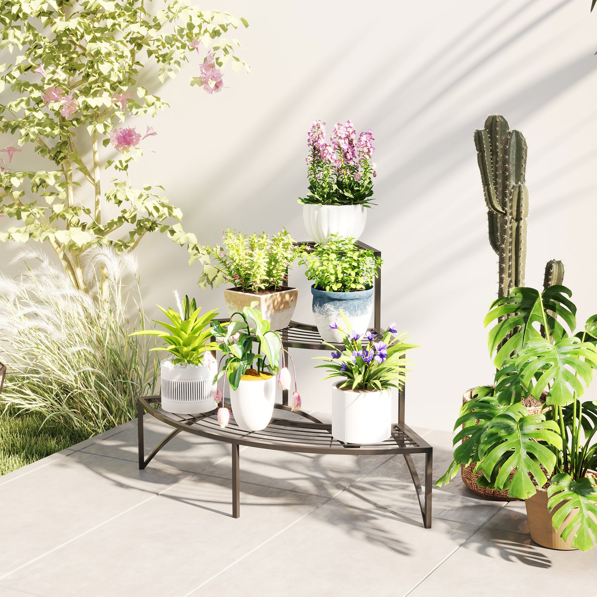Outsunny 3-Tier Metal Corner Plant Stand for Garden, Balcony, Patio, Black