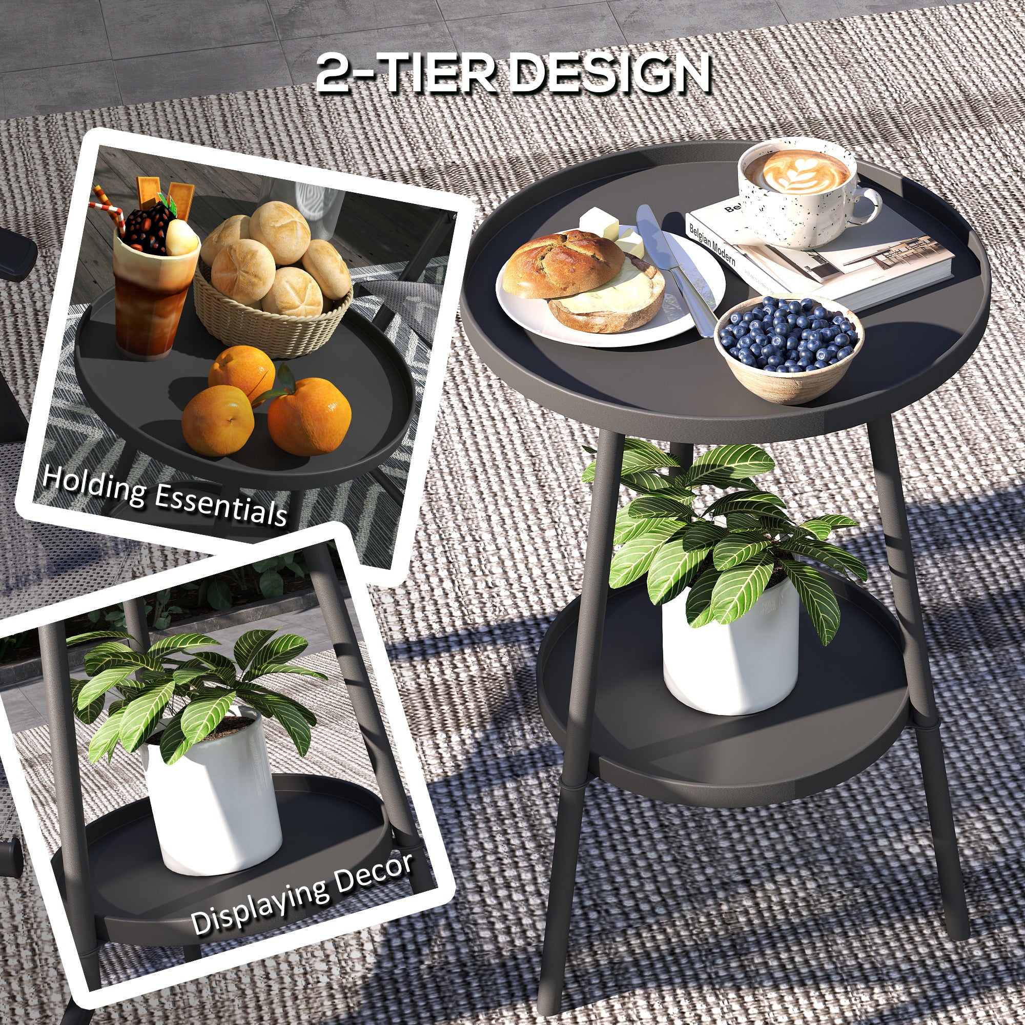 Outsunny Black Two-Tier Metal Side Table for Indoor & Outdoor Use