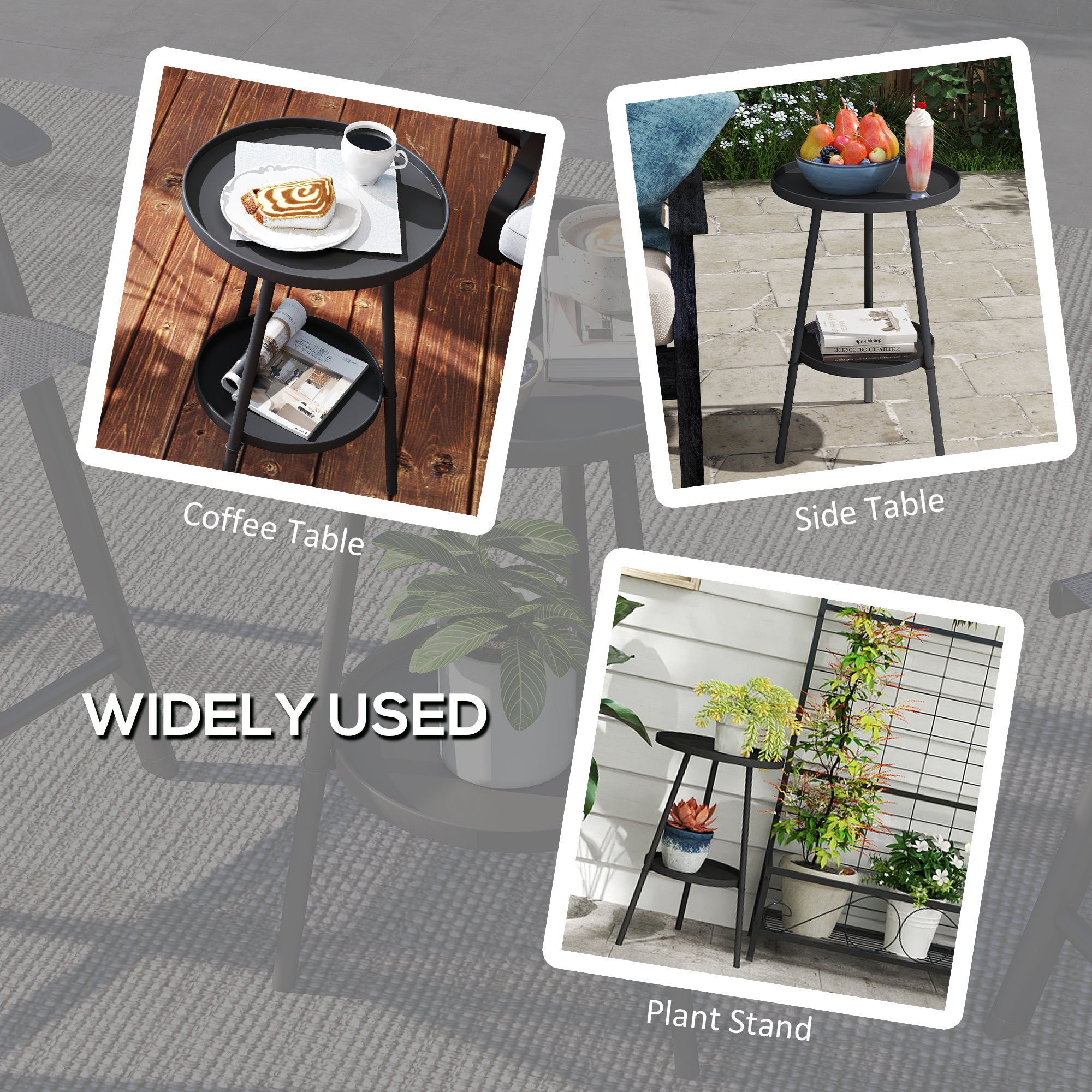 Outsunny Black Two-Tier Metal Side Table for Indoor & Outdoor Use