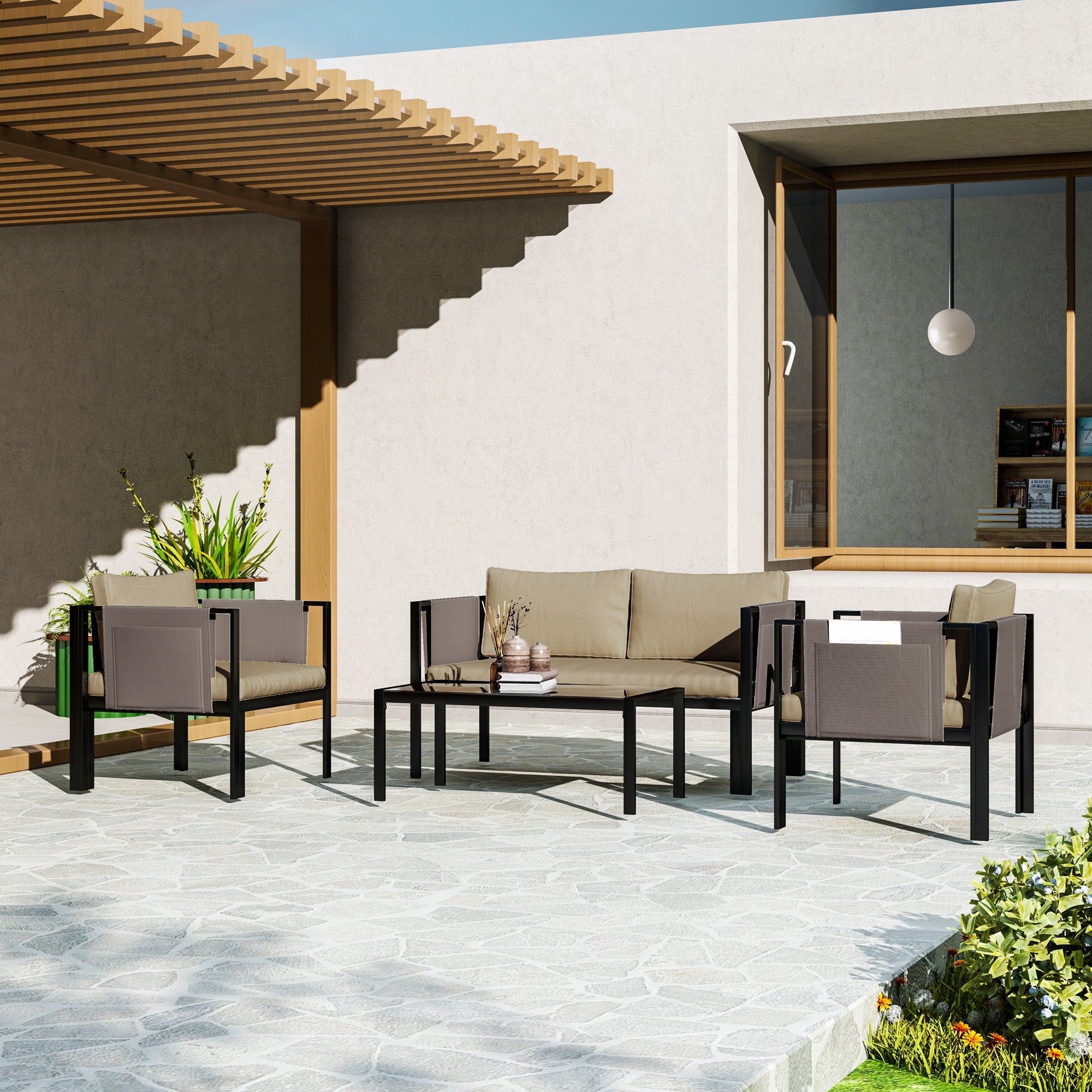 Outsunny 4-Piece Garden Sofa Set with Tempered Glass Table