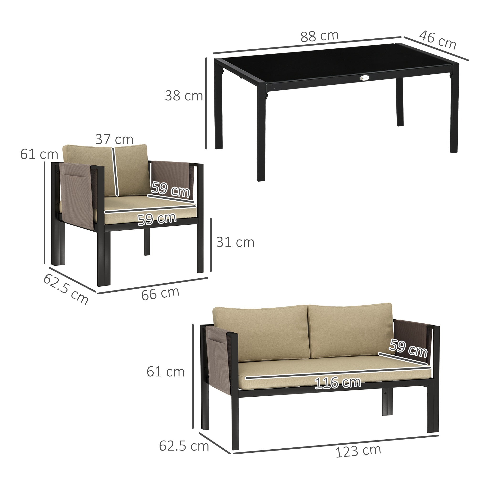 Outsunny 4-Piece Garden Sofa Set with Tempered Glass Table