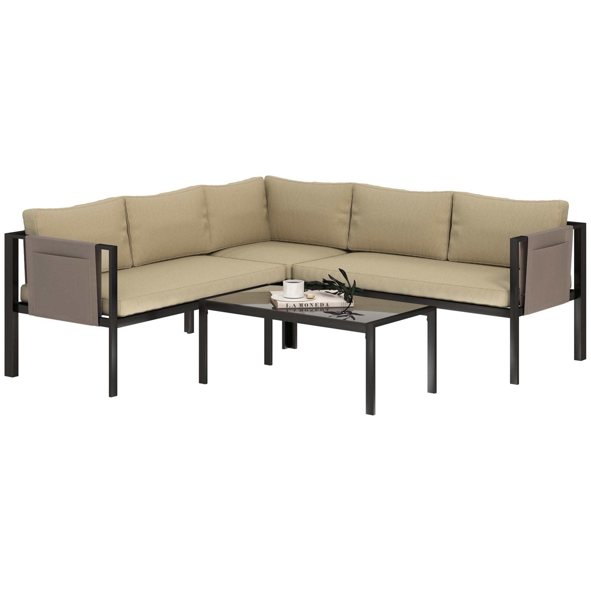 Outsunny 4 Piece Garden Furniture Set with Corner Sofa, Khaki