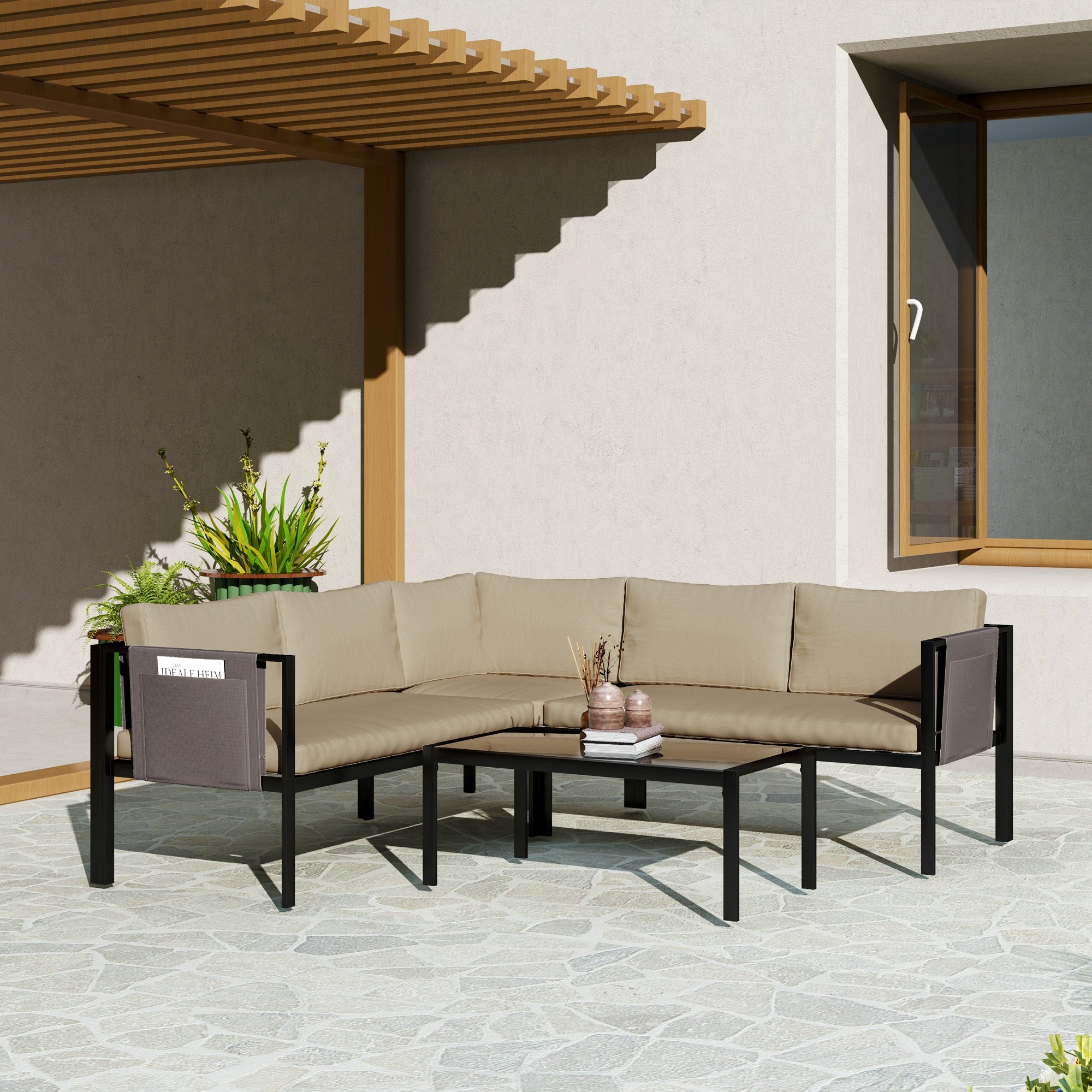 Outsunny 4 Piece Garden Furniture Set with Corner Sofa, Khaki