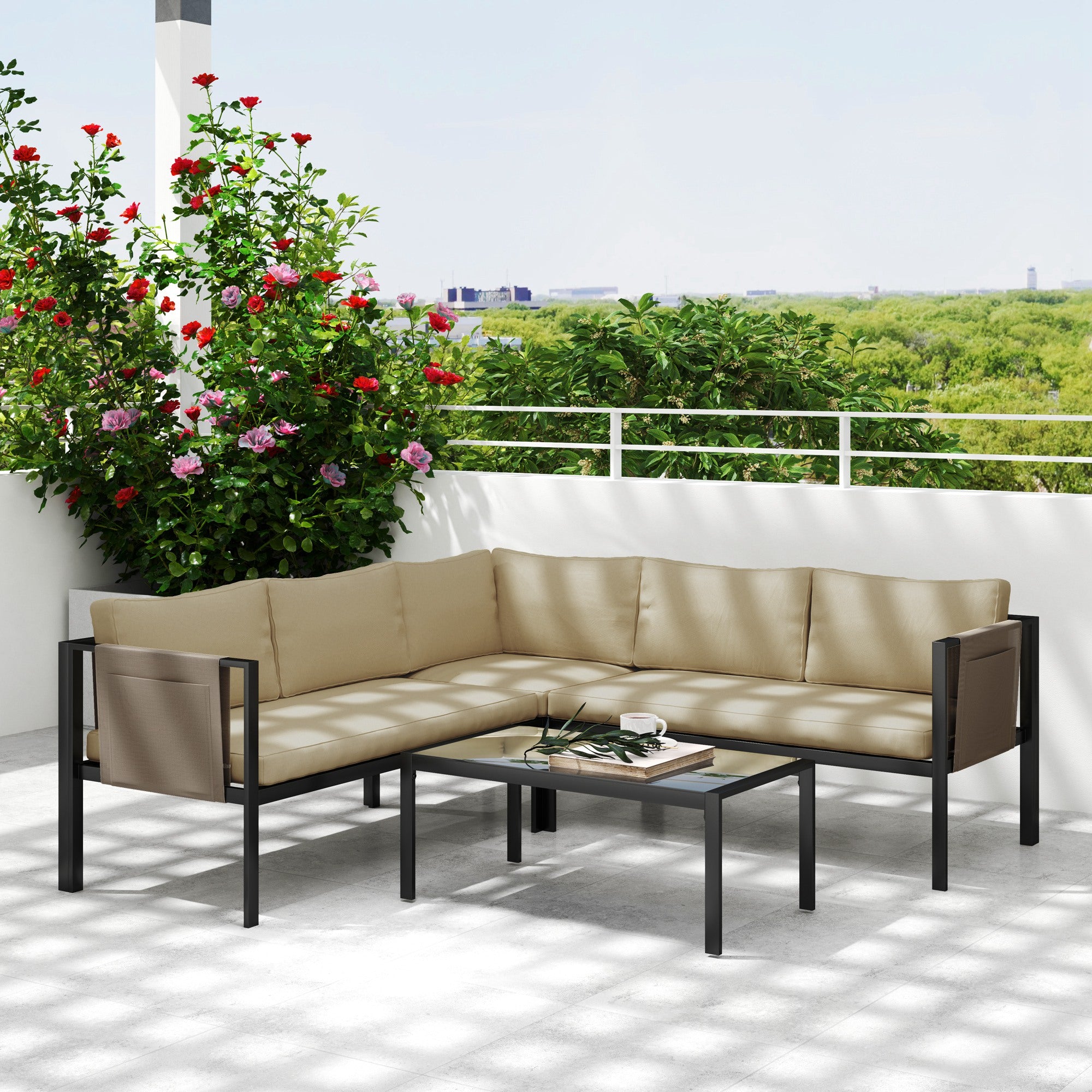 Outsunny 4 Piece Garden Furniture Set with Corner Sofa, Khaki