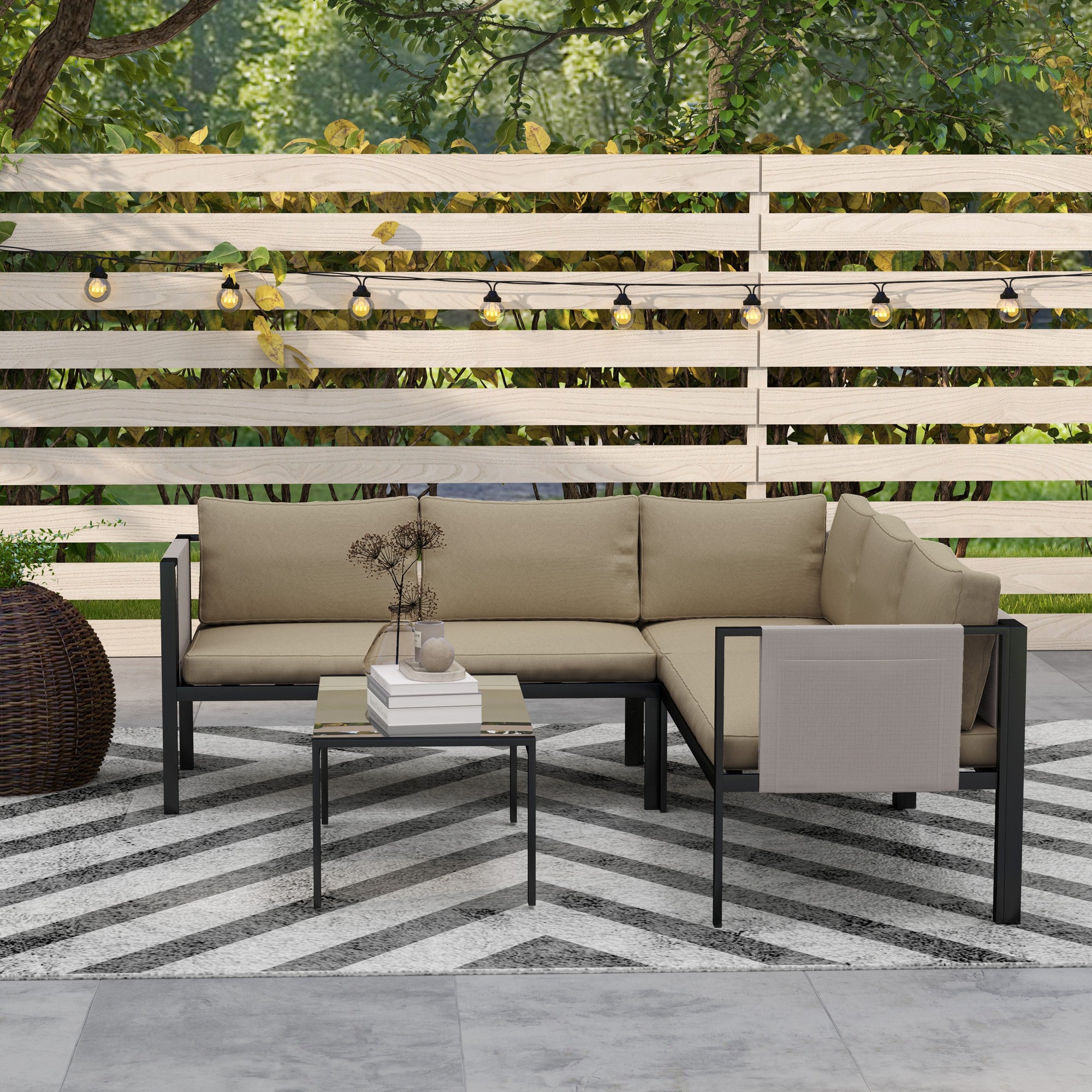Outsunny 4 Piece Garden Furniture Set with Corner Sofa, Khaki